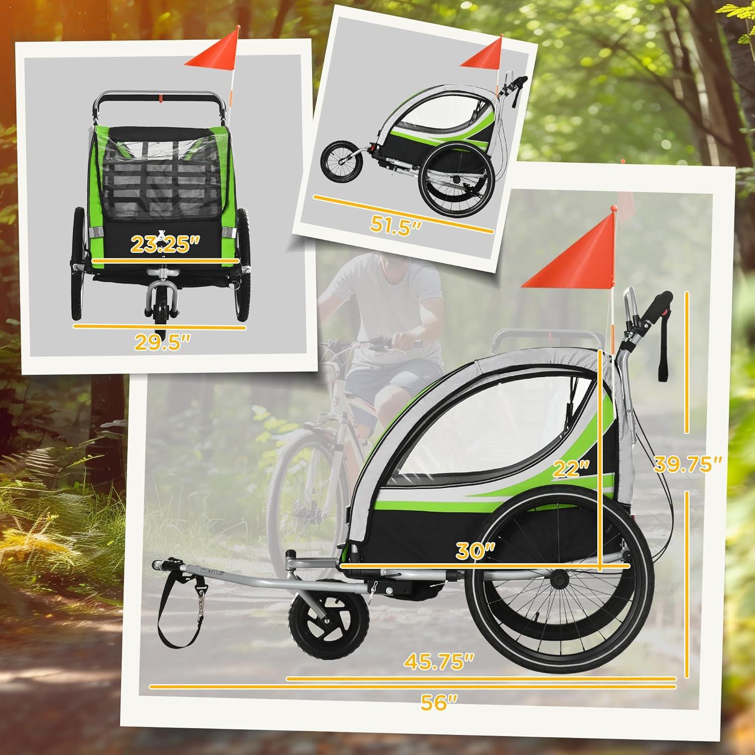 Aosom 2-in-1 Walk/Ride Child Baby Bike Trailer for Kids 2 Seater, High-Visibility Bike Stroller for Toddler Wagon, Weather-Strong Double Bicycle Trailer Accessory for Kids