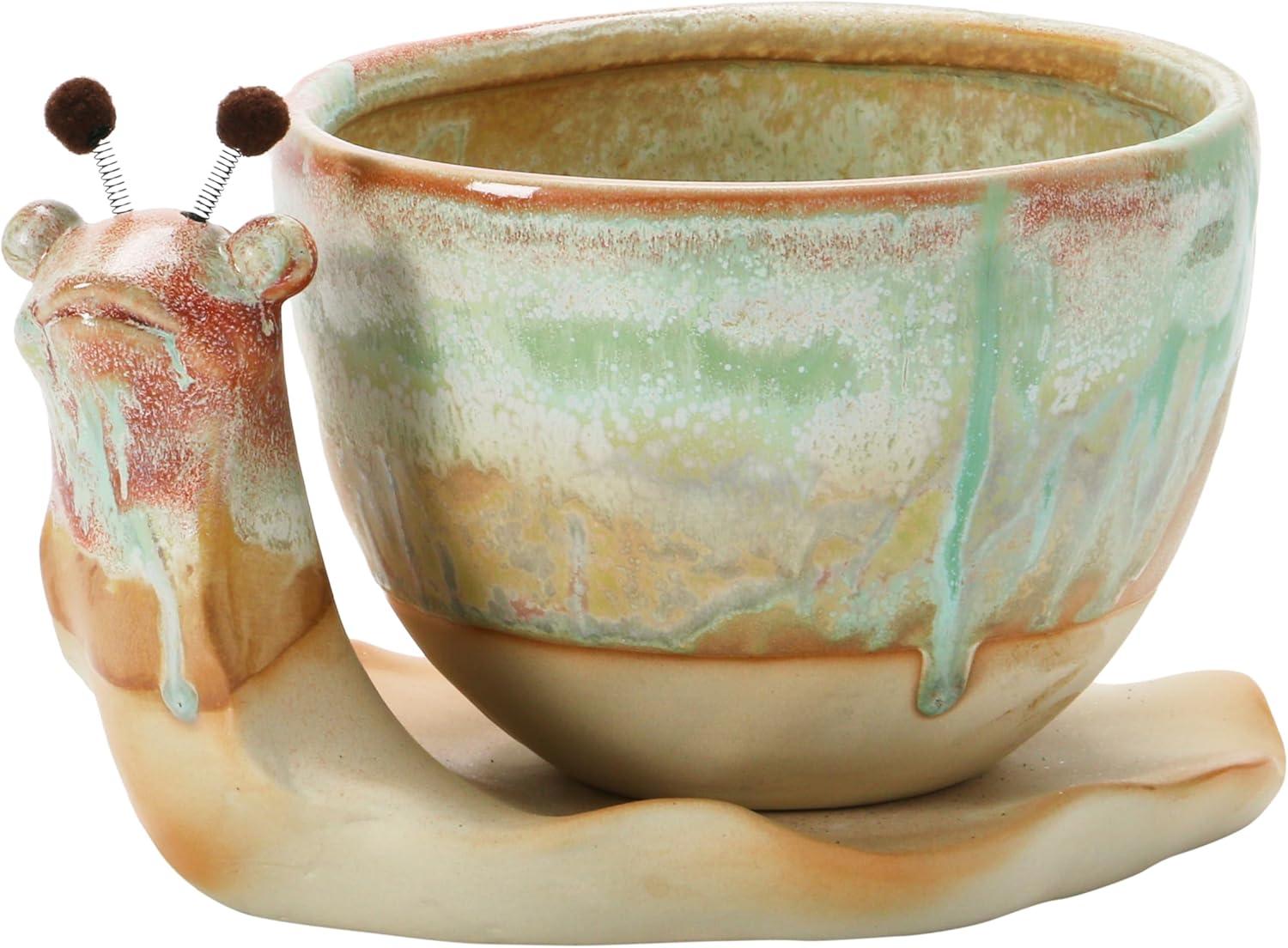 Reactive Glaze Stoneware Snail Planter with Saucer, 8.5"