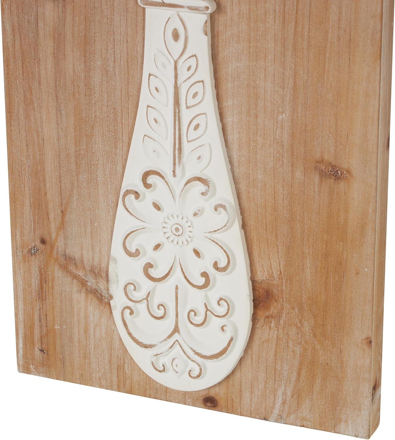 DecMode Brown Wooden Utensils Wall Decor with Carved White Floral Designs (2 Count)