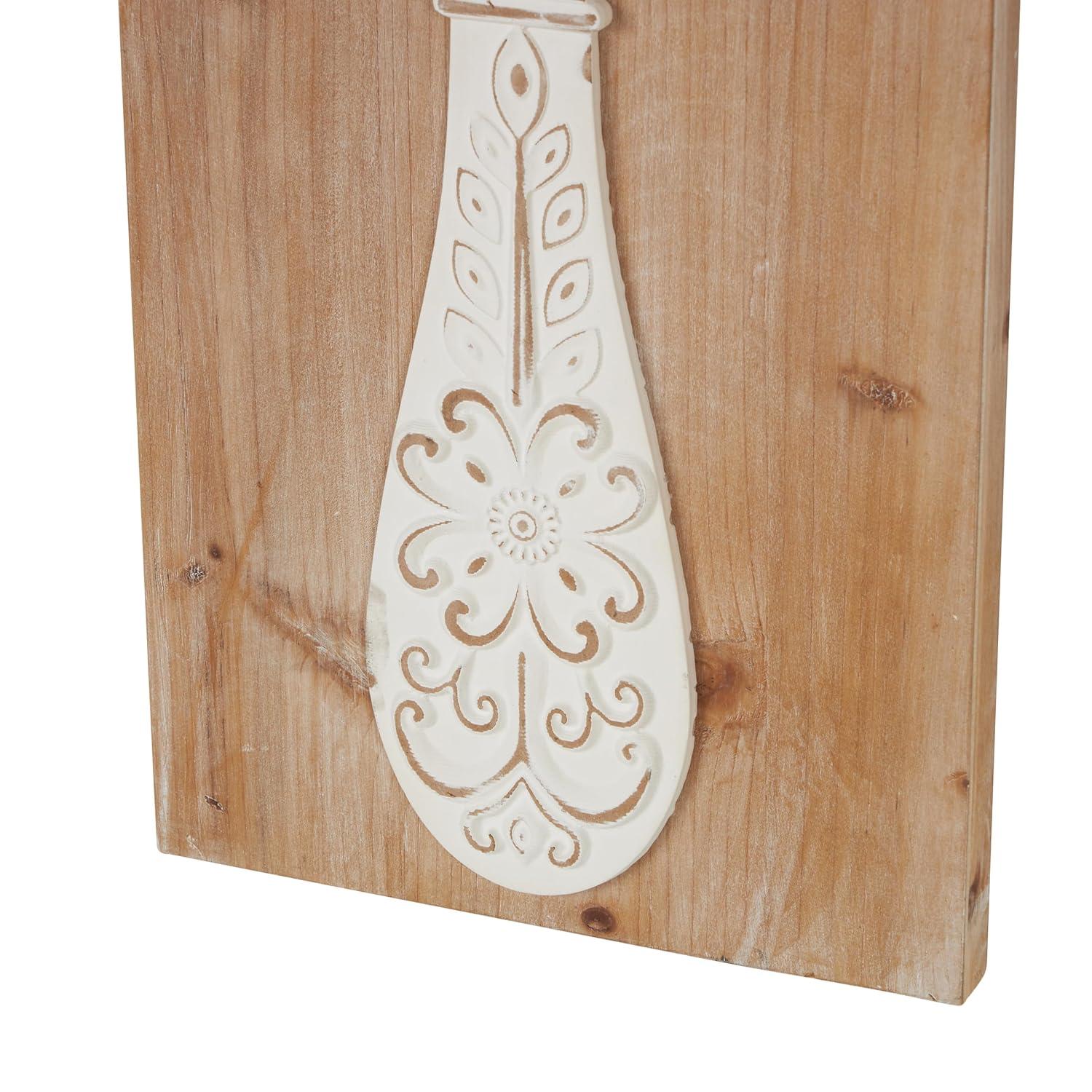 DecMode Brown Wooden Utensils Wall Decor with Carved White Floral Designs (2 Count)