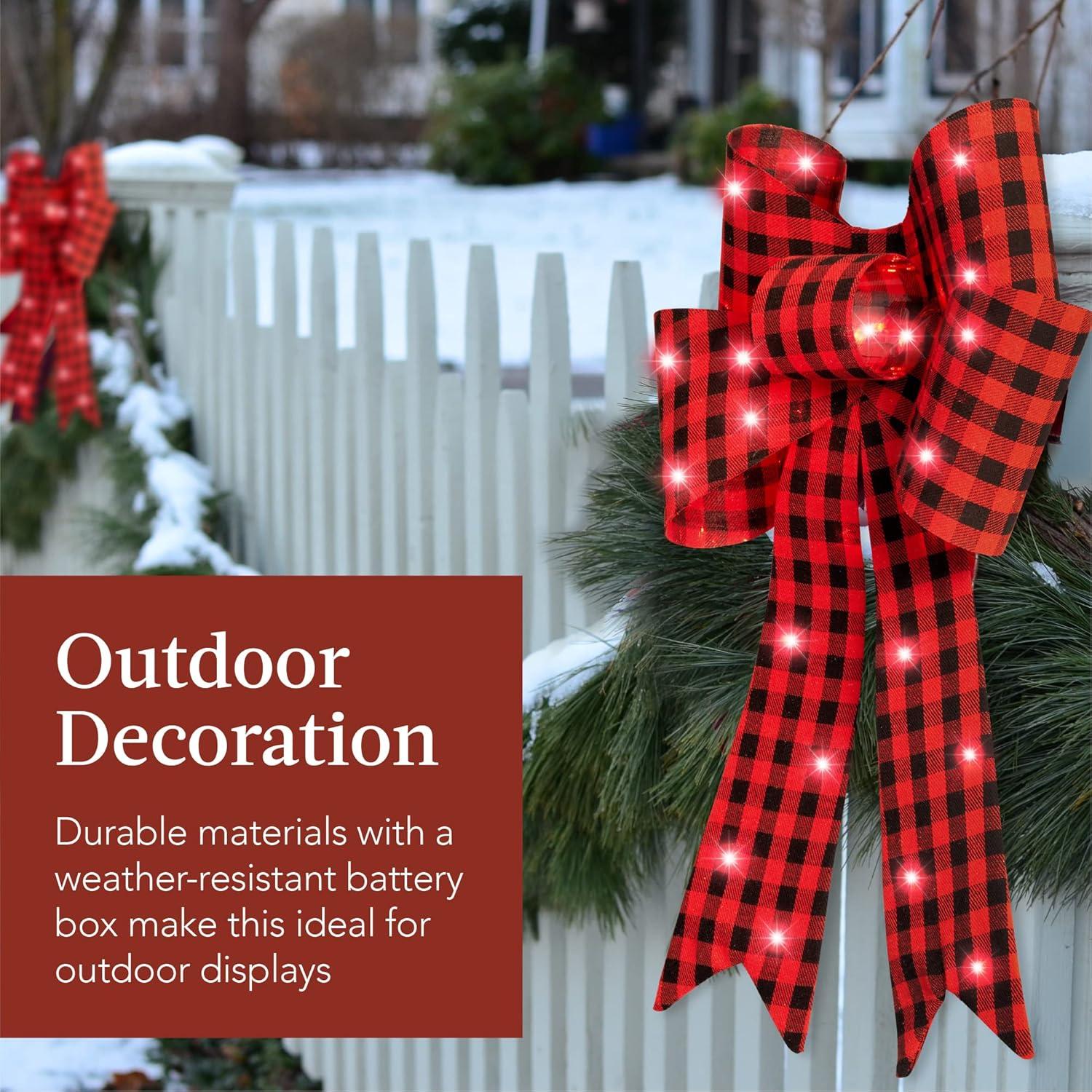 The Holiday Aisle® Set Of 3 Pre-Lit Christmas Bows, Indoor/Outdoor LED Holiday Decor W/ 8 Light Functions - Plaid