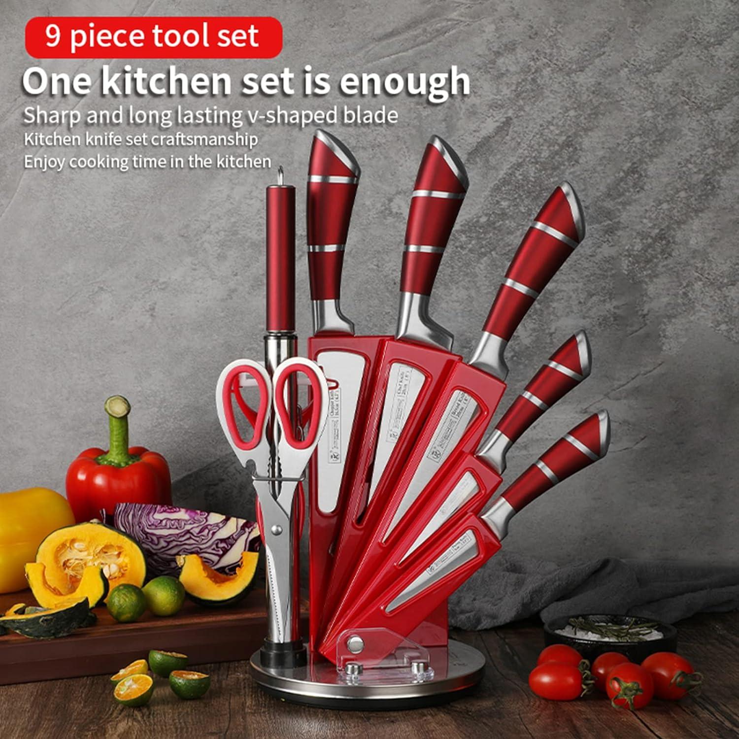 Kitchen Knife Set, 9-Pieces Red Coated Knife Block Set, Stainless Steel Chef knife Set with Sharpener Peeler Scissors, Sharp Non-Stick Knives Set with Rotatable Holder for Cutting Slicing Dicing