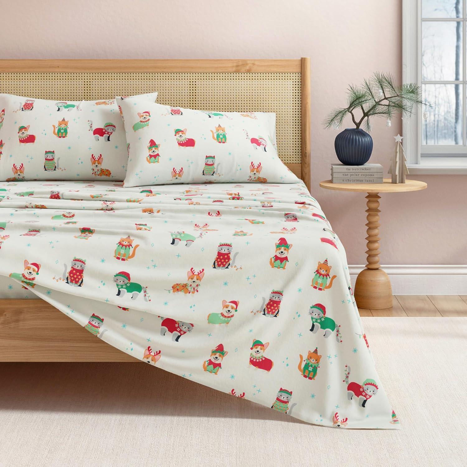 100% Cotton Christmas Flannel Sheets - Great Bay Home (Queen, Dog Cat Christmas)