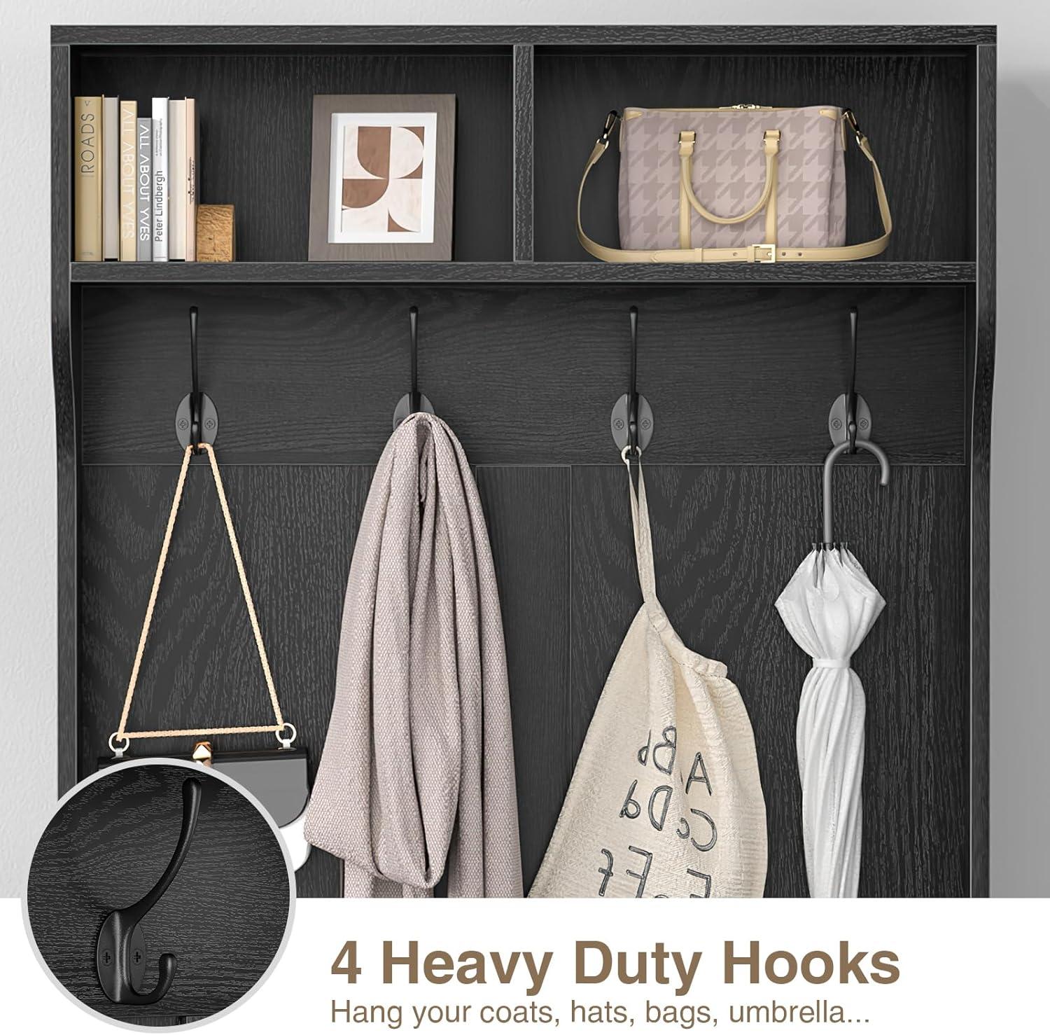Anmytek Hall Tree with Bench and Shoe Storage, Entryway Coat Rack with 6 Compartments 4 Hooks & Rattan Door, Shoe Storage Bench with Soft Cushion for Hallway, Living Room, Mudroom