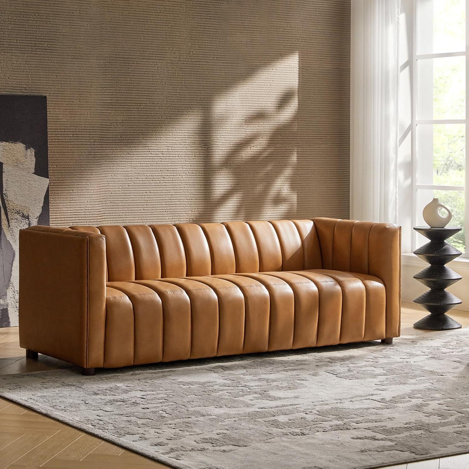 HULALA HOME 83" Genuine Leather Sofa with Channel Tufted Design, 3-Seater Sofa for Living Room Bedroom, Modern Oversized Couch with Wood Legs, Camel