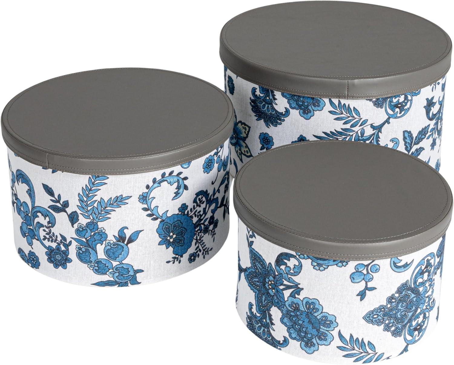 Floral Nestable Hat Boxes with Faux Leather Lids, Cream and Blue, Set of 3
