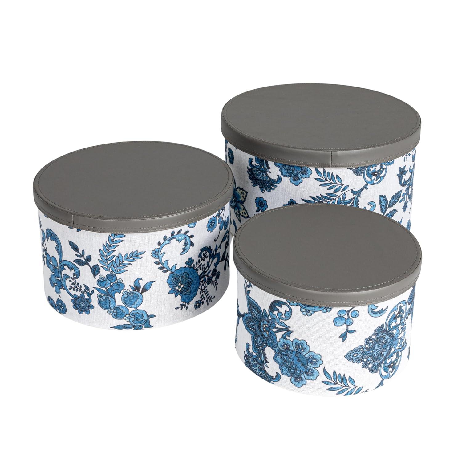Floral Nestable Hat Boxes with Faux Leather Lids, Cream and Blue, Set of 3