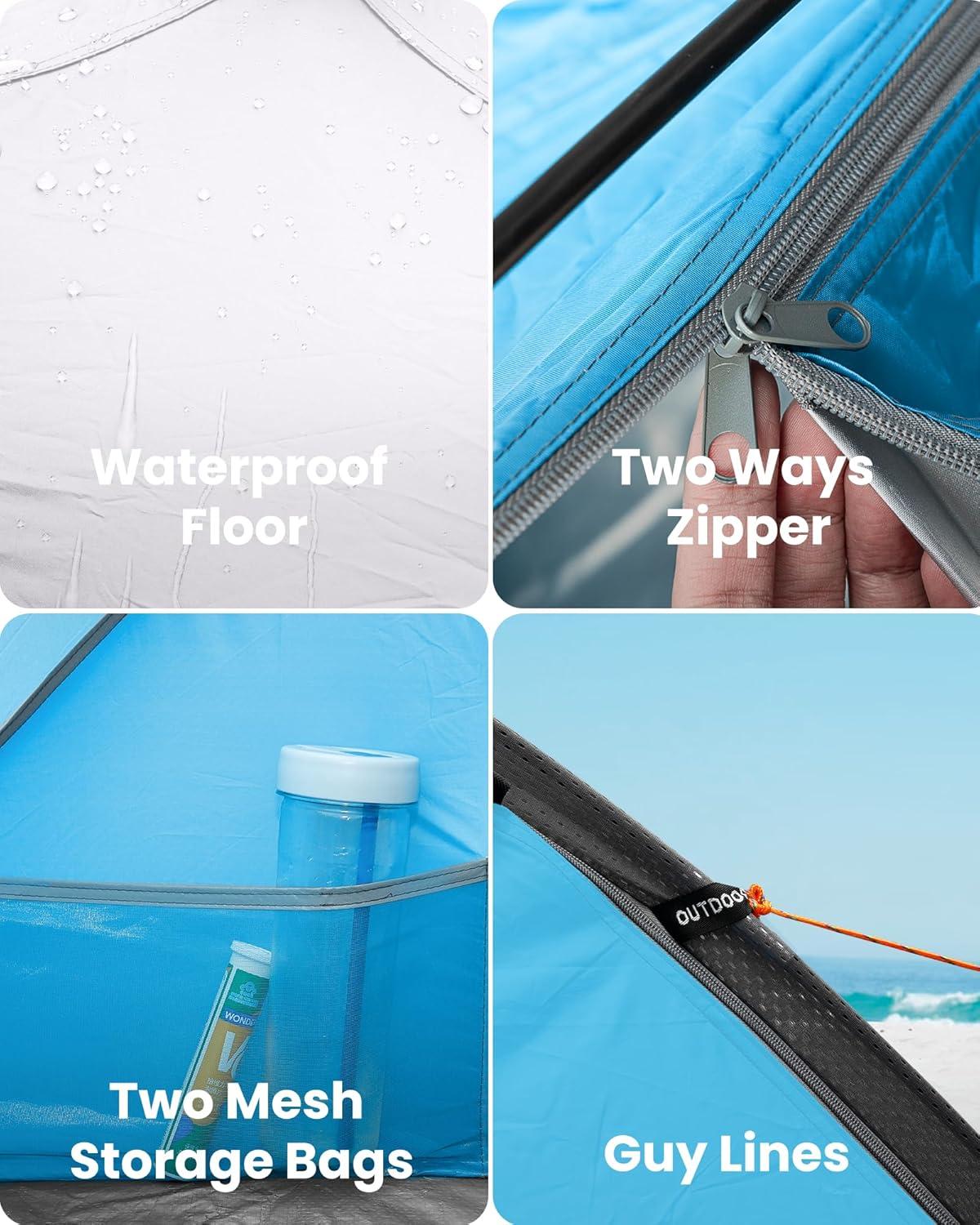 OutdoorMaster Beach Tent Sun Shelter with 2 Ventilated Doors, UPF50+ Easy Setup Beach Tent Canopy for 3 Person, Lightweight & Portable Family Beach Umbrellas for Sand with Carrying Bag - Blue