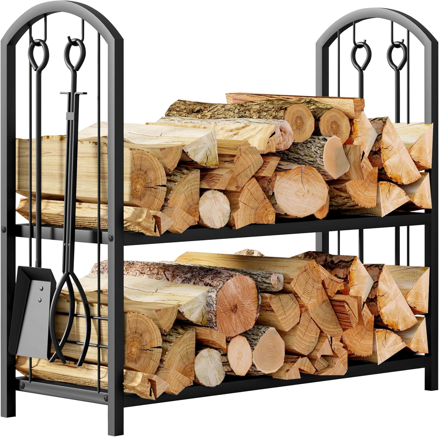 Black Metal Firewood Rack with Tools and Wood Shelf