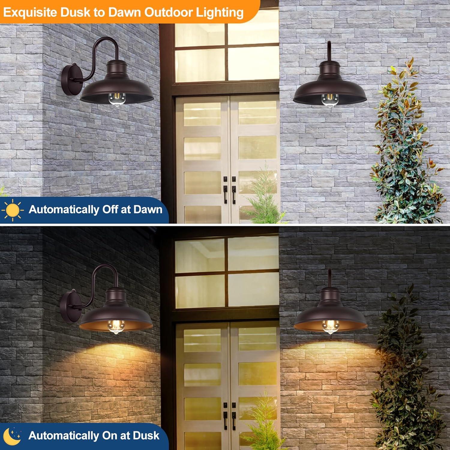 VIANIS Dusk to Dawn Barn Lights, 2 Pack Brown Gooseneck Outdoor Light Fixture, Farmhouse Outdoor Wall Lights for House, Porch, Entryway, Garage