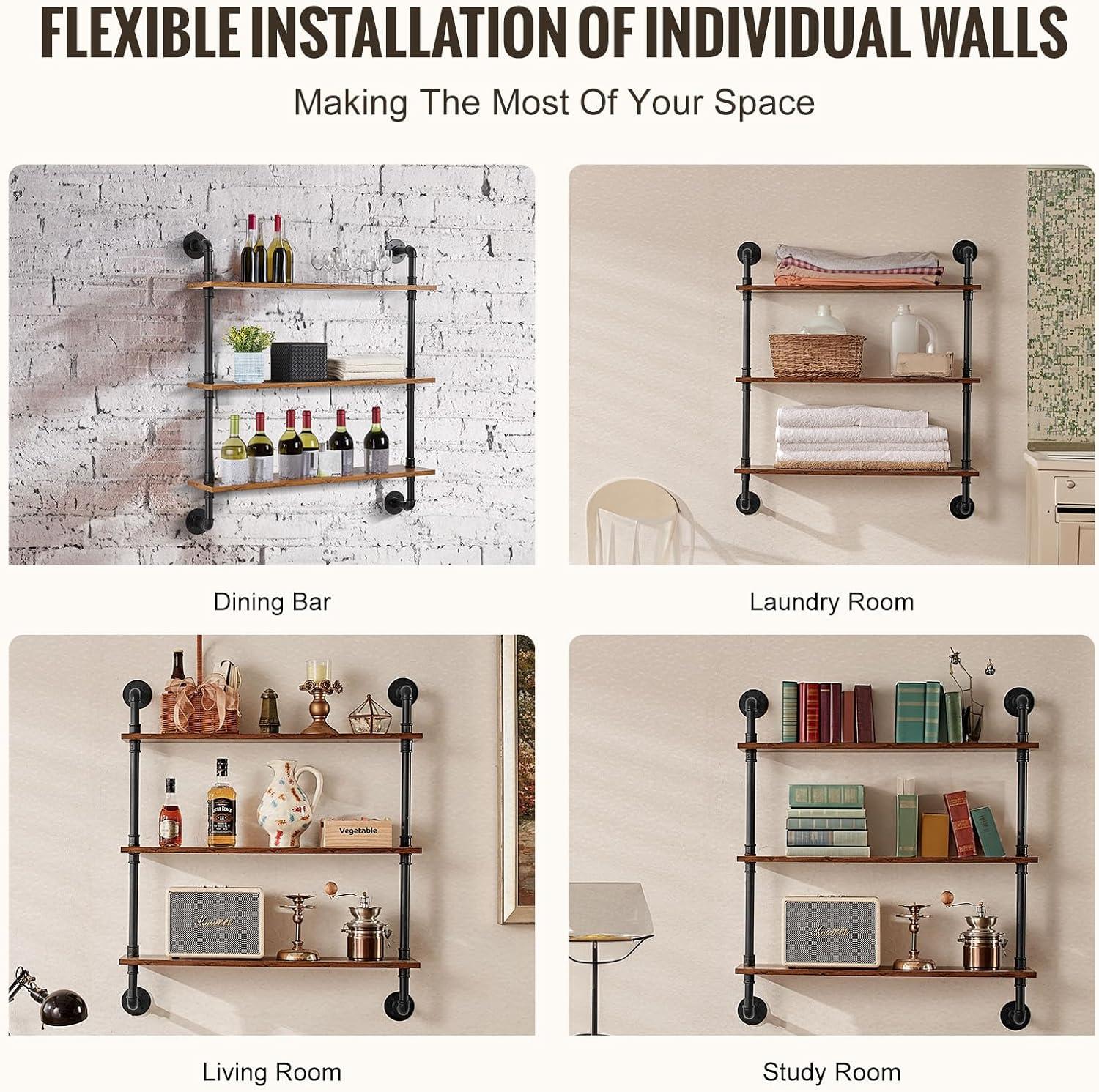 VEVOR Industrial Pipe Shelf, 3 Tier 32x7.87in, Wall-Mount Floating Rustic Wood Shelves Bracket Display Bookshelf, Storage Rack Sundries Holder for Kitchen Bedroom Bathroom Living Room, Black