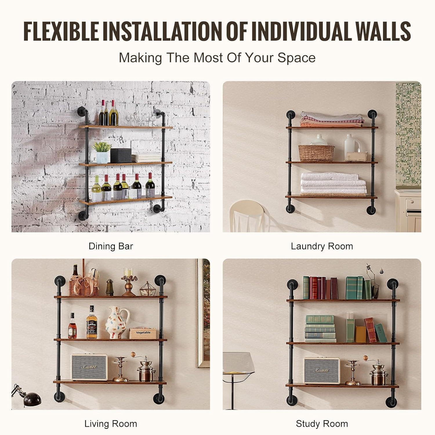 Industrial Pipe Shelf 3 Tier 8.07 in. W x 32.68 in. D Brown Wood Solid Decorative Wall Shelf Rustic Wood Shelves Bracket