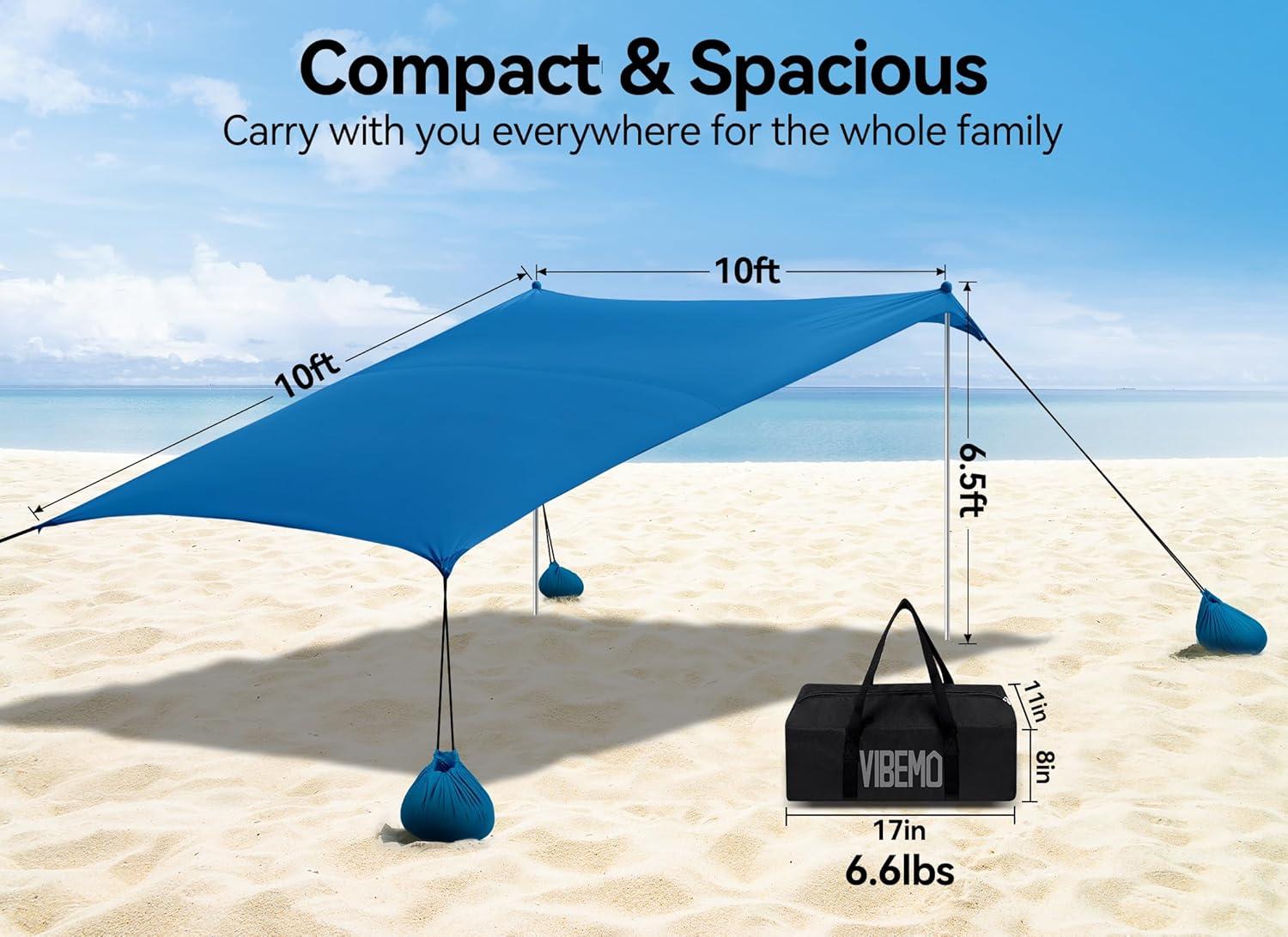 Beach Tent, Camping Sun Shelter 10 X 10ft, With 4 Sandbags, UPF50 , Includes Sand Shovel, Ground Pegs & Stability Poles, Pop Up Beach Canopy Sunshade For Fishing, Backyard Fun Or Picnics