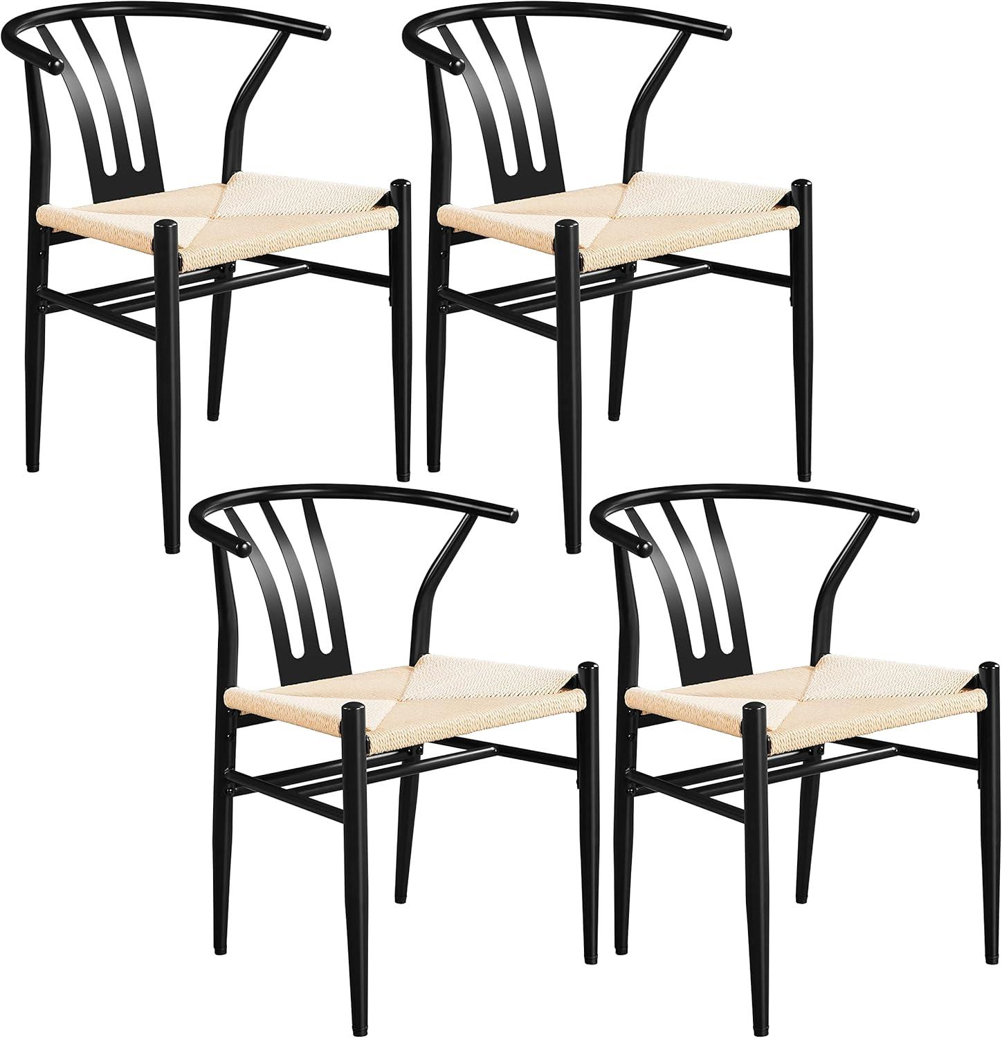 Alden Design Set of 4 Mid-Century Weave Dining Chairs with Solid Metal Frame, Black