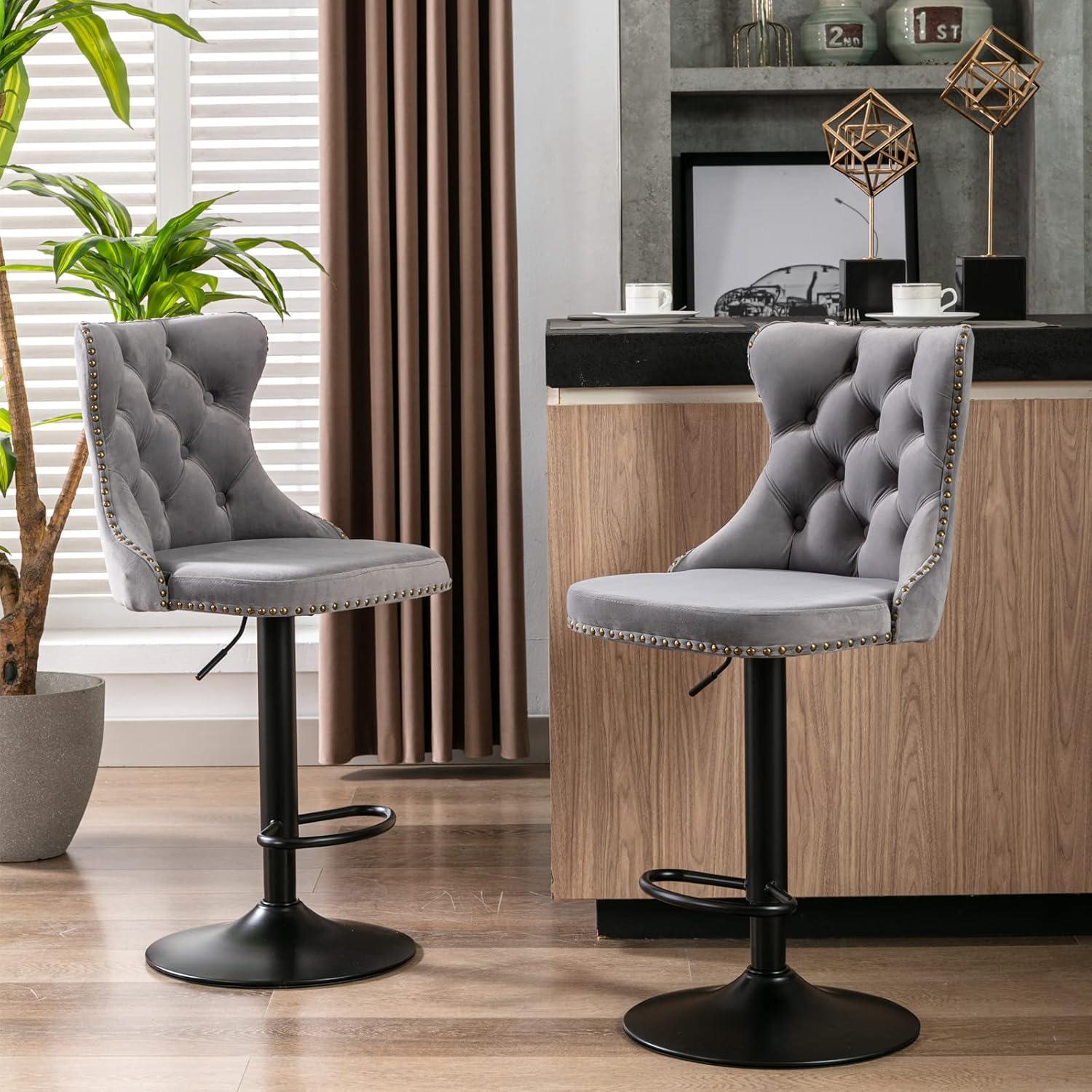 VYNXARIA Swivel Velvet Barstools Adjusatble Seat Height from 25-33 Inch,17.7 inch base, Modern Upholstered Bar Stools,Gray,Set of 2