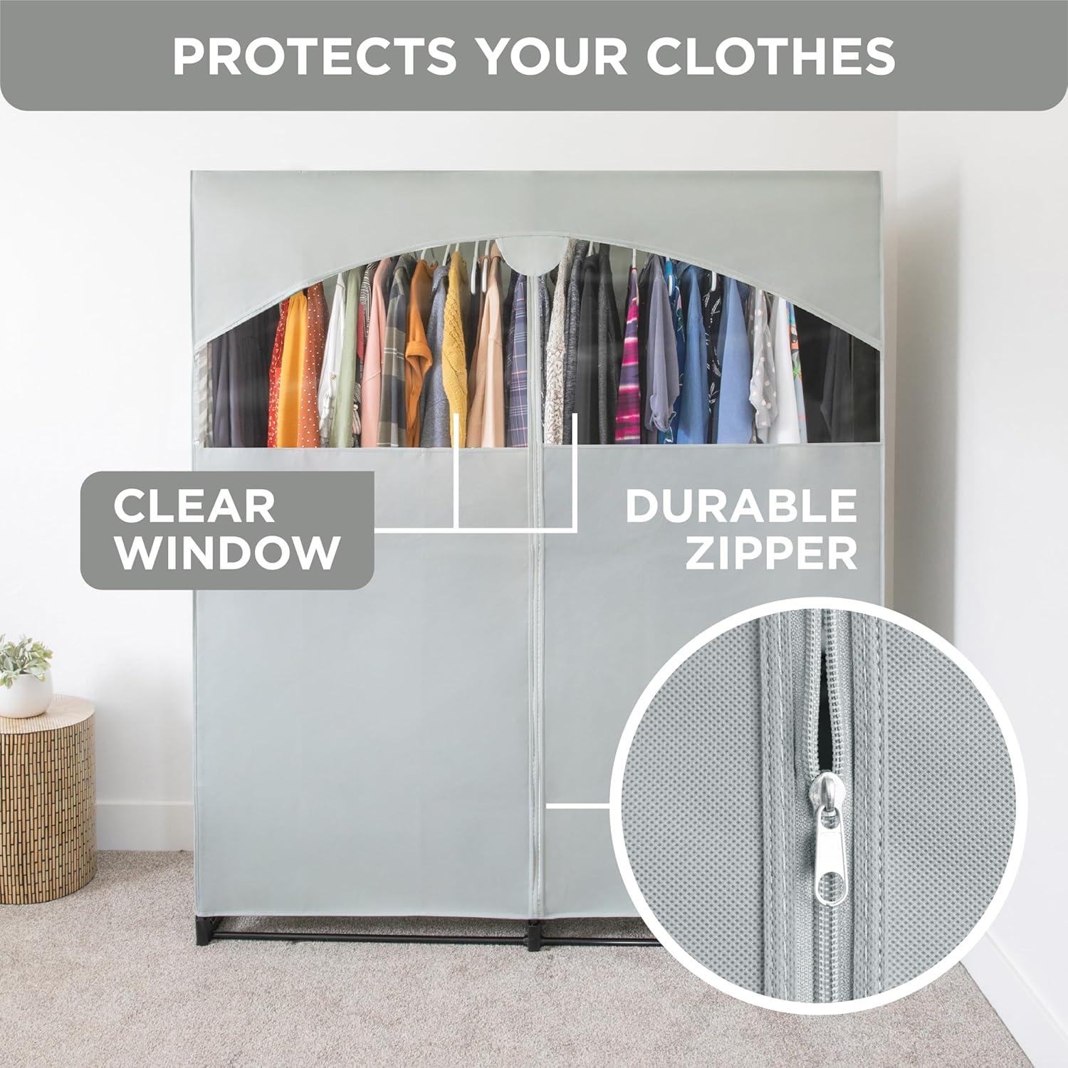HOLDN’ STORAGE Portable Wardrobe Closet, Large - Premium Heavy Duty Metal Hanging Rod with Black Cover- 50 Lb. Weight Capacity- Super Easy Assembly, No Tools Required