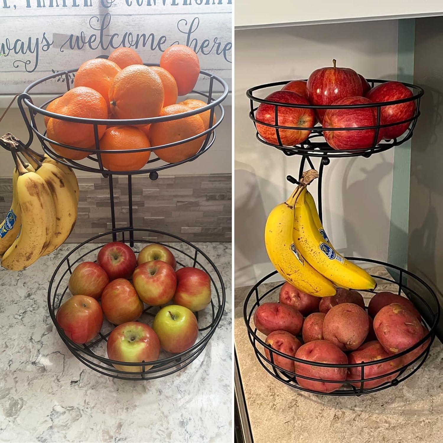 Black Metal 2-Tier Countertop Fruit Basket with Banana Hanger