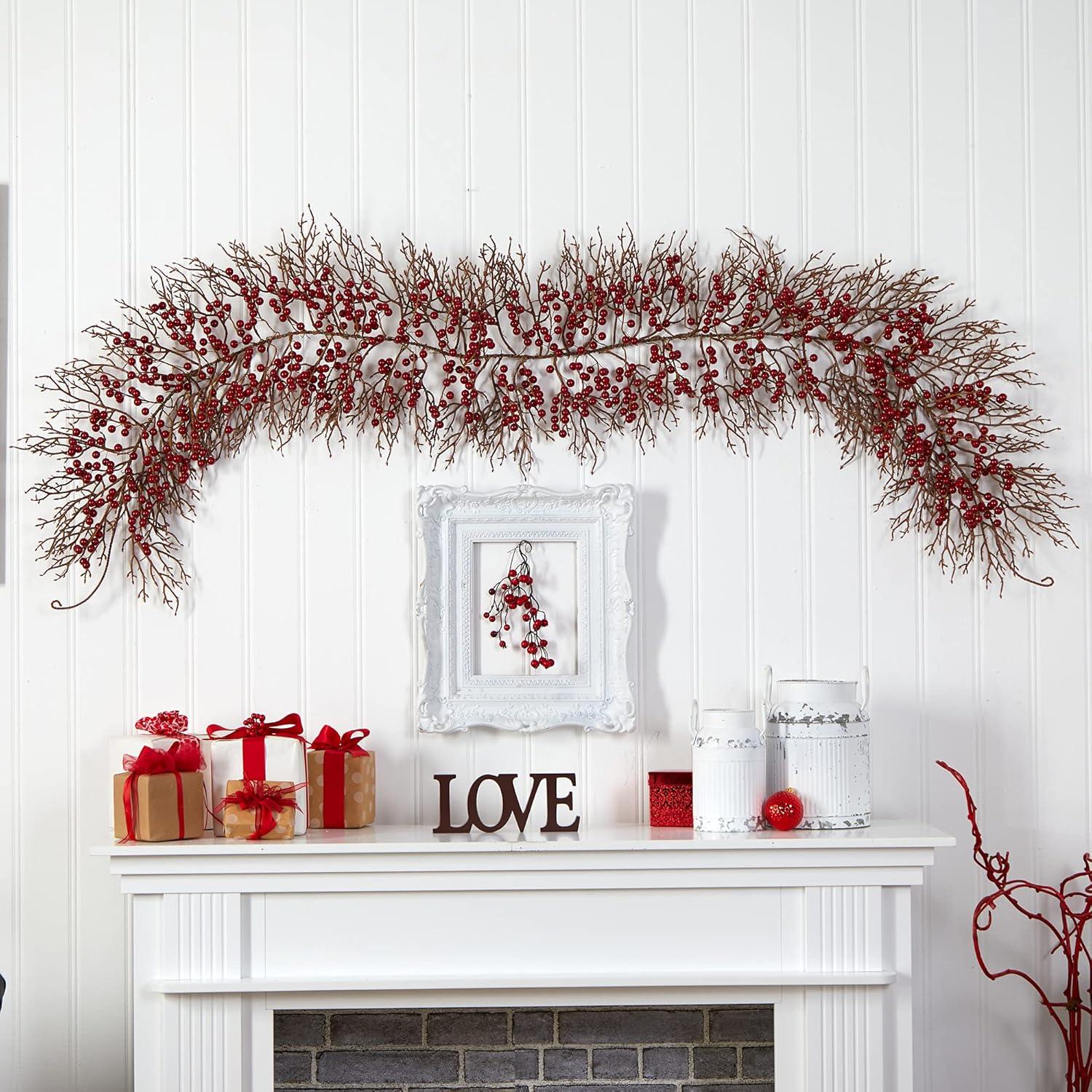 6ft Red Berry Artificial Christmas Garland with Iron Stems