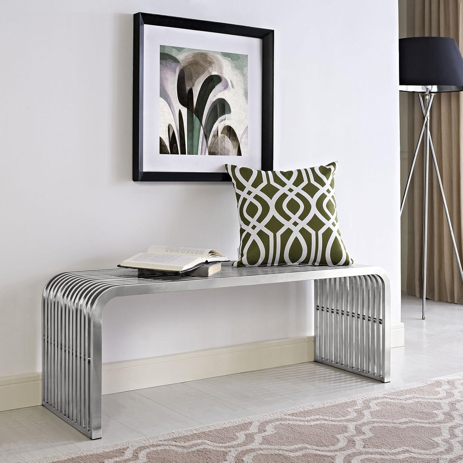 Modway Pipe 47" Modern Style Stainless Steel Bench in Silver