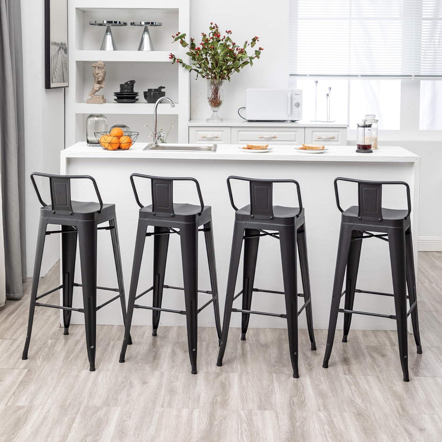 Set of 4 Black Metal and Wood Counter Height Bar Stools