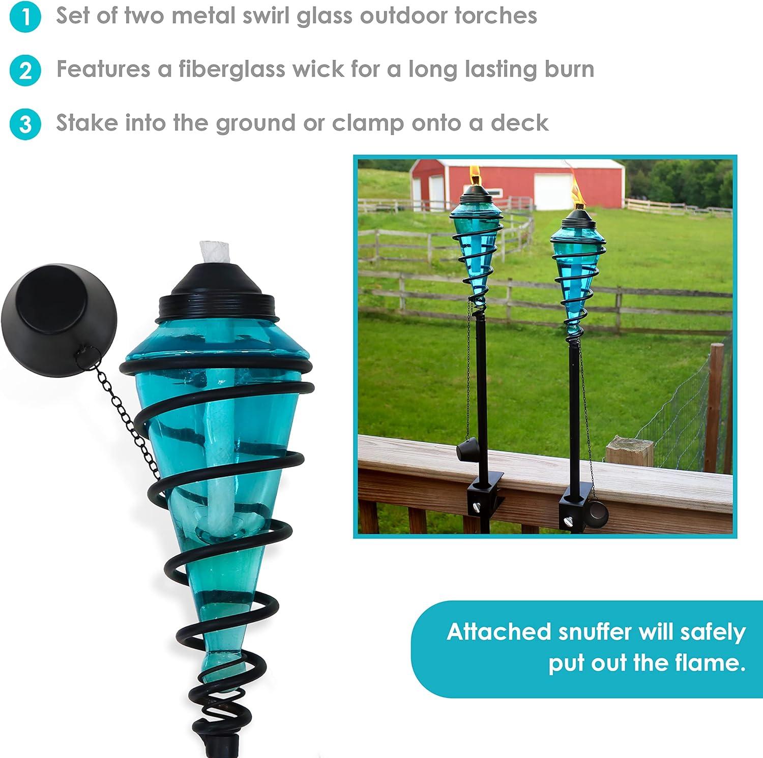 Sunnydaze Outdoor Adjustable Height Glass and Metal Swirl Patio and Lawn Torch Set