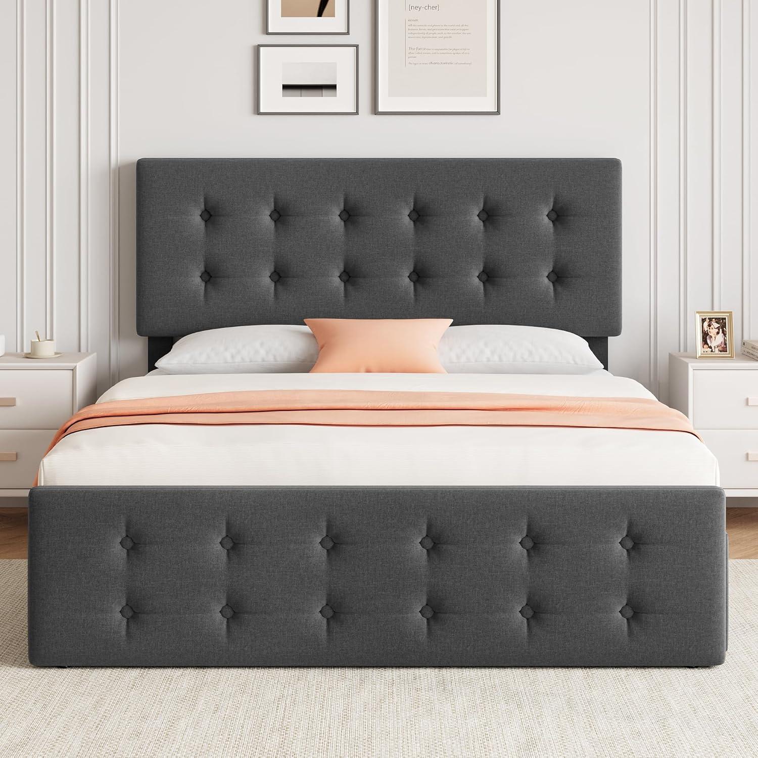GAOMON Queen Size Bed Frame with 4 Storage Drawers and Headboard, Linen Upholstered Platform Bed Frame with Wooden Slats Support, Button Tufted Design, No Box Spring Needed, Dark Grey