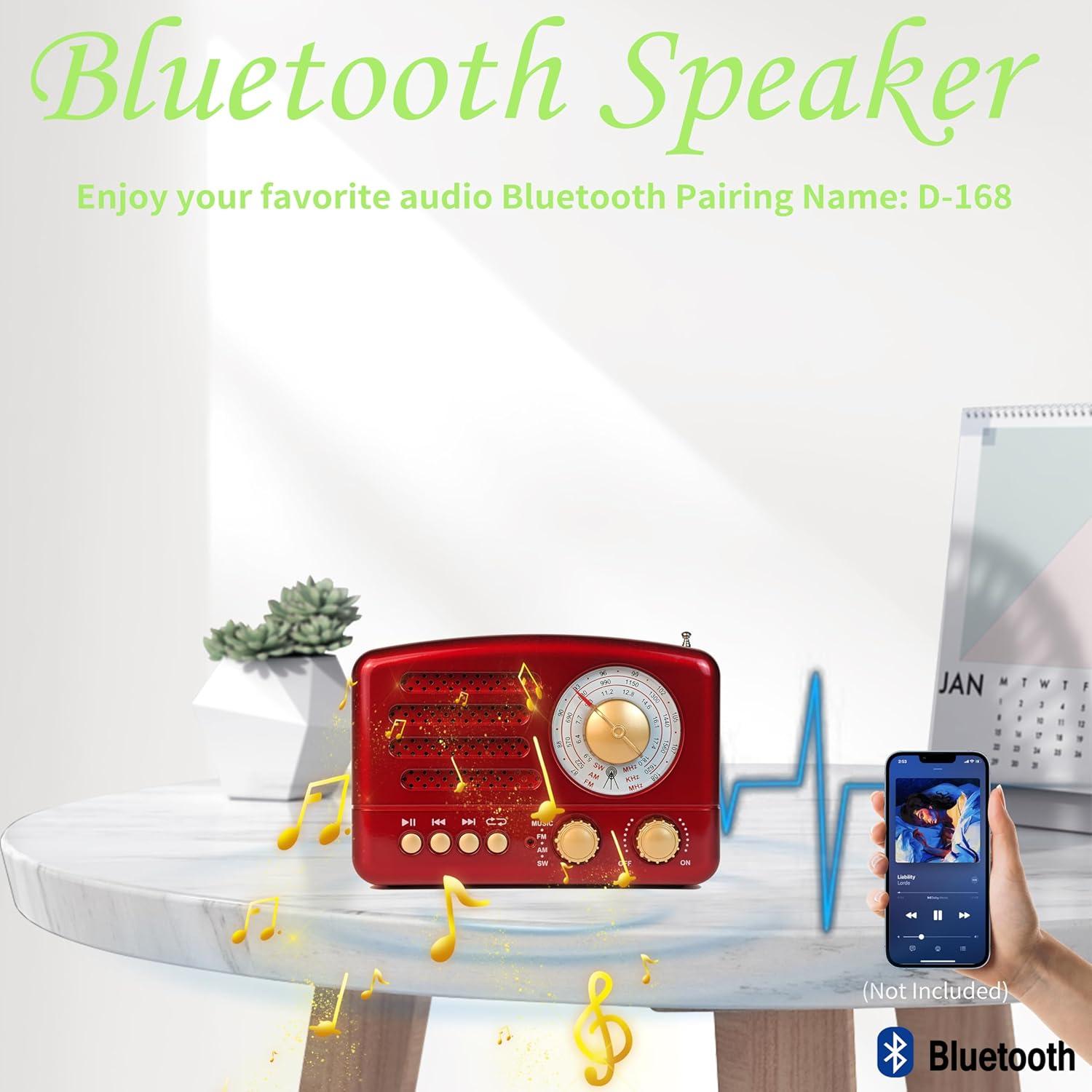 Retro Portable AM/FM Vintage Radio with Bluetooth, Transistor Radio Receiver, Rechargeable Battery, Support TF Card, AUX, USB, MP3 Player for Elder (Red)