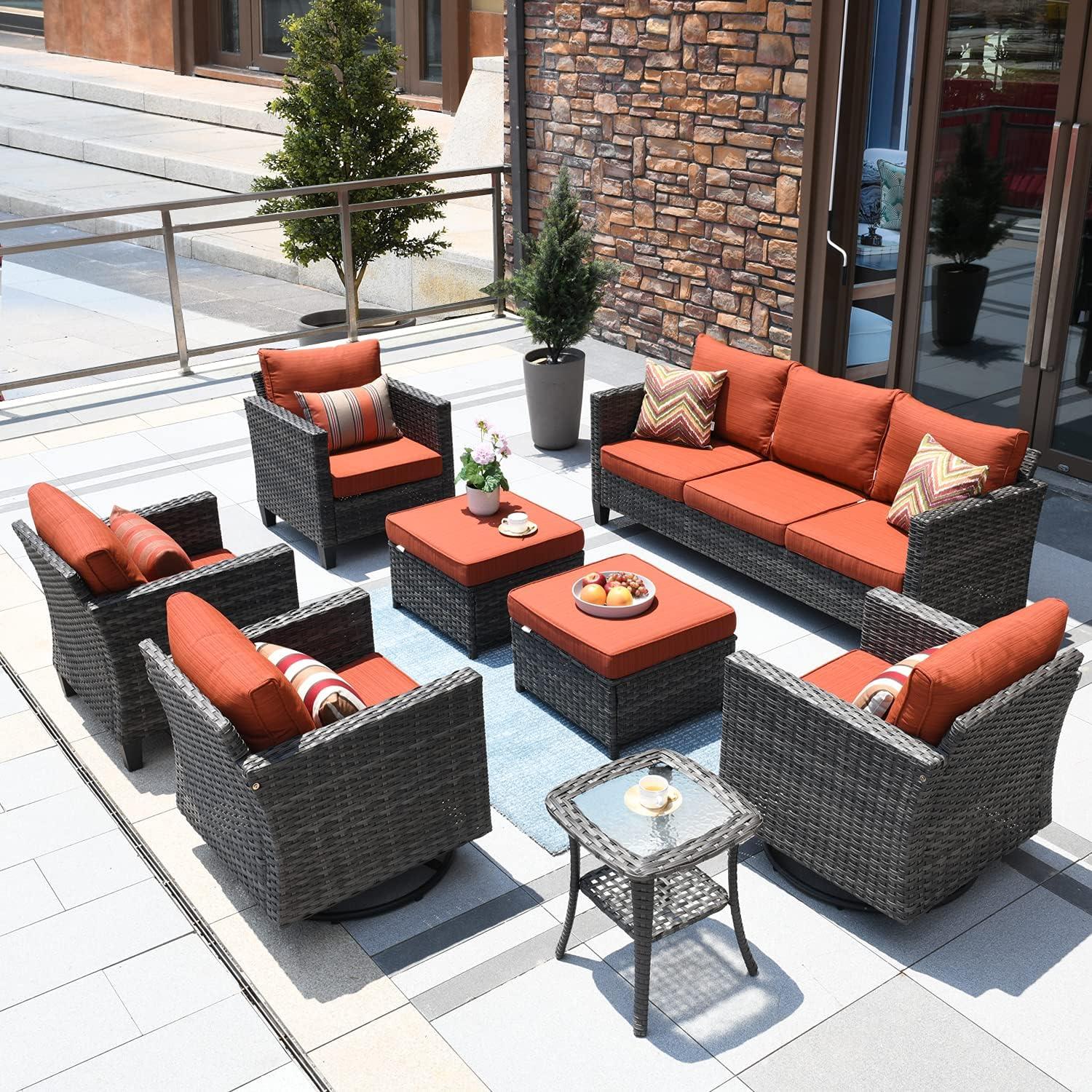 8-Piece Red Rattan Wicker Patio Furniture Set with Cushions