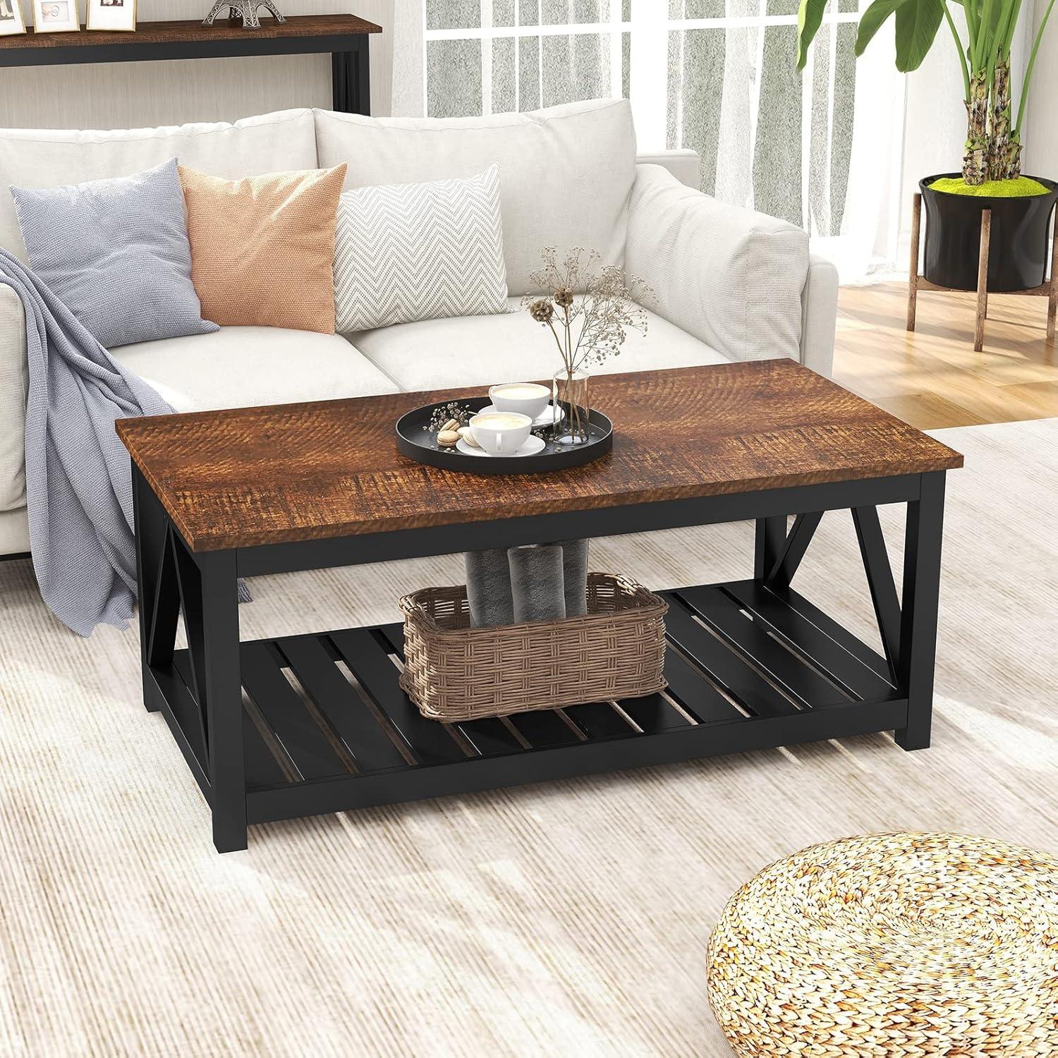 Coffee Table, Rustic Vintage Farmhouse Living Room Table with Shelf, 40