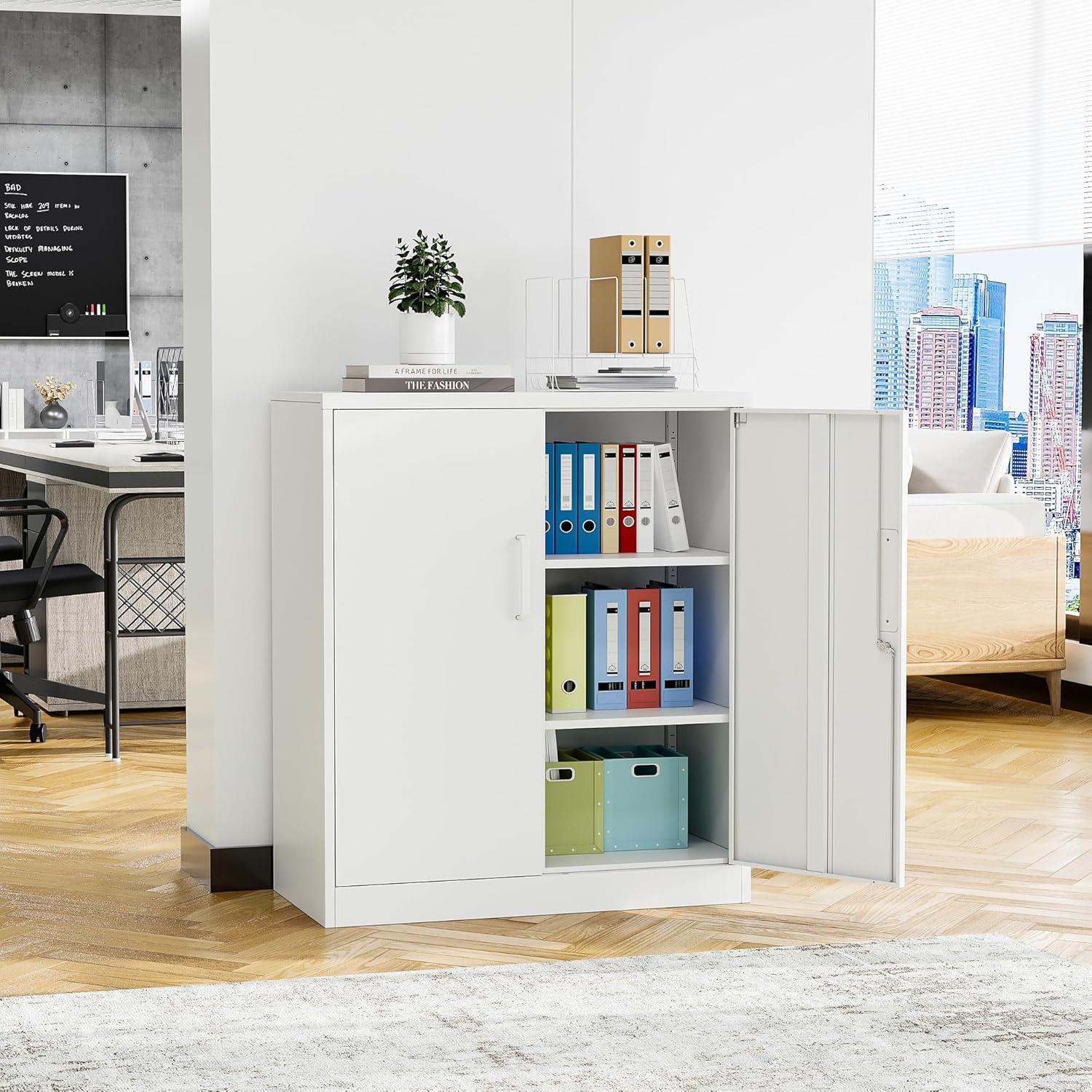 Metal Storage Cabinet with 2 Doors, Lockable Steel Storage Cabinet with 2 Doors and Adjustable Shelves, Steel Lockable File Cabinet, Locking Tool Cabinets for Office,Home,Garage