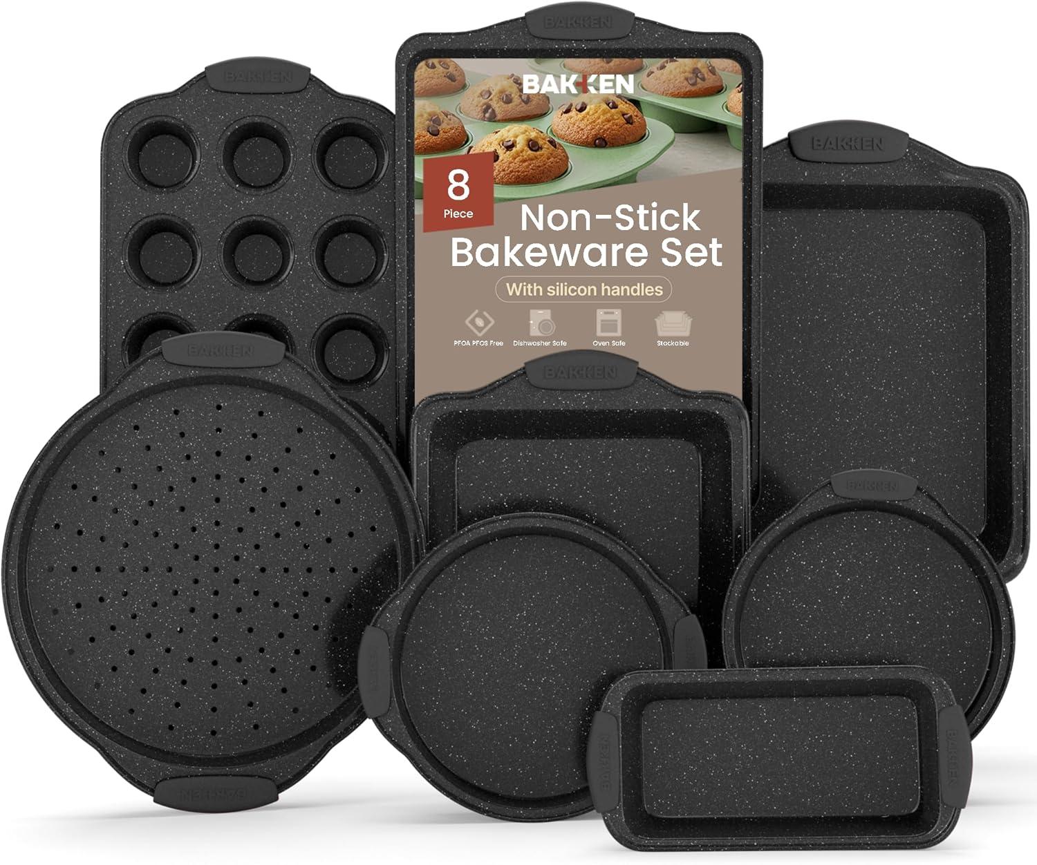 BAKKEN 8-Piece Kitchen Oven Baking Pans Set - Deluxe Nonstick Gray Marble Coating, Professional Grade Carbon Steel Bakeware with Silicone Handles