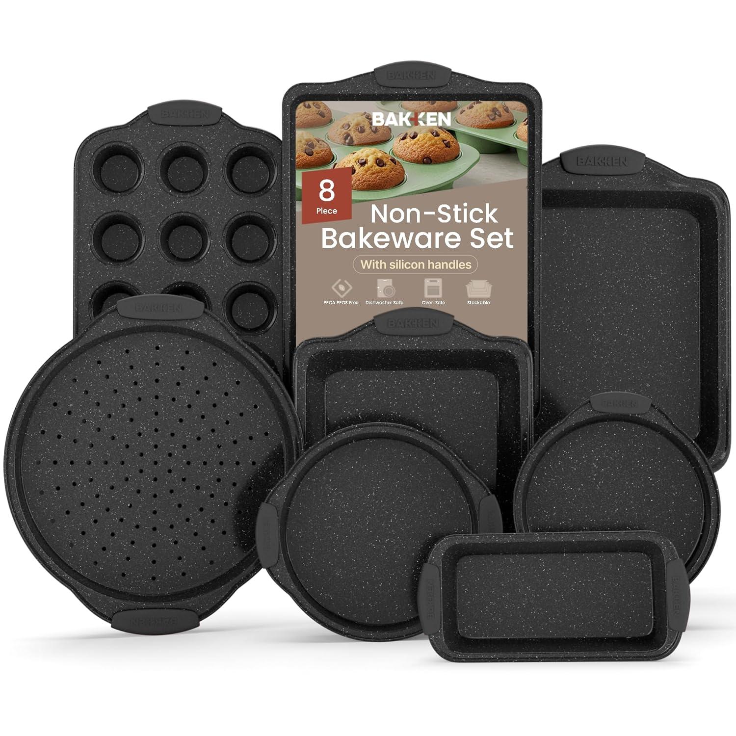 BAKKEN 8-Piece Kitchen Oven Baking Pans Set - Deluxe Nonstick Gray Marble Coating, Professional Grade Carbon Steel Bakeware with Silicone Handles
