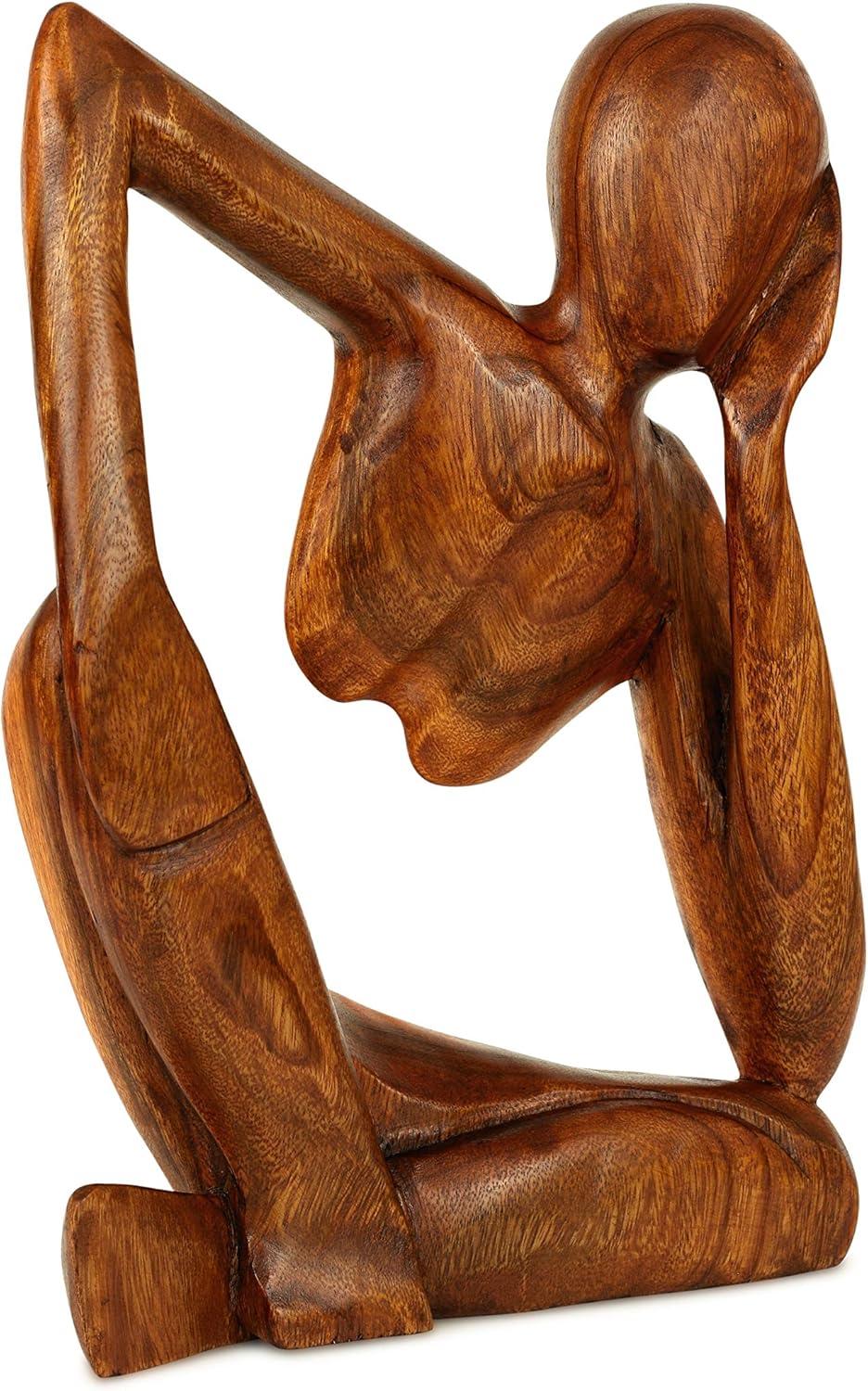 12" Wooden Abstract Sculpture Handmade Handcrafted Art "Thinking Man 2" Home Decor Decorative Figurine Accent Decoration Hand Carved Thinker Statue