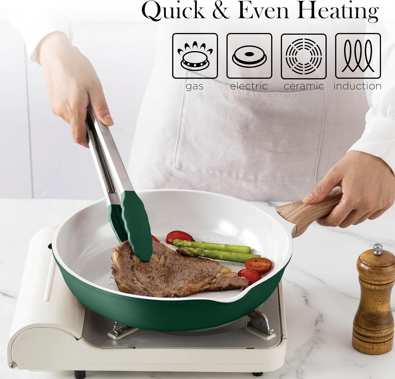 Sage Green Nonstick Cast Aluminum 14-Piece Cookware Set with Utensils