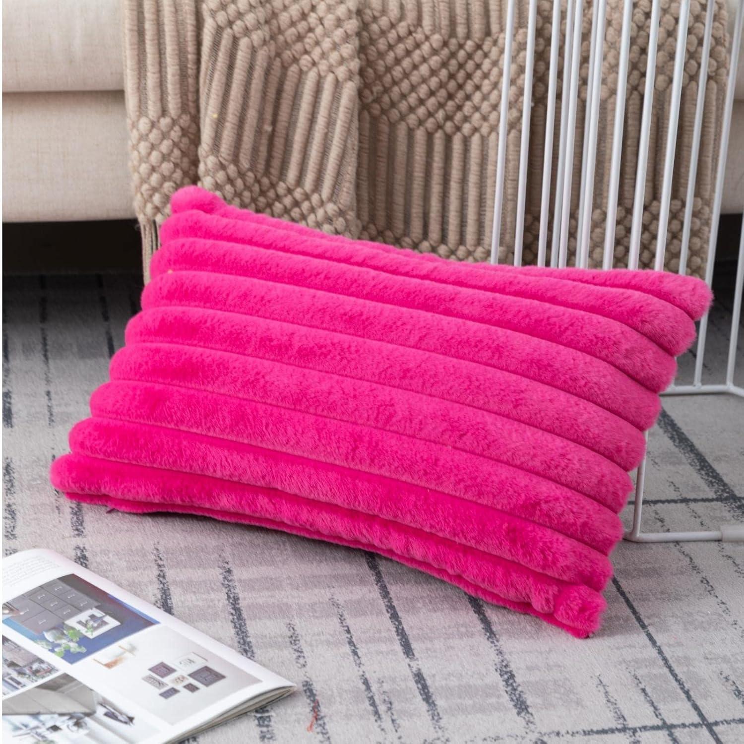 ZLINA Set of 2 Hot Pink Faux Fur Decorative Throw Pillow Covers Fluffy Striped Pillowcase Cushion Covers 12 x 20 Inch Decor Sofa Couch Bedroom