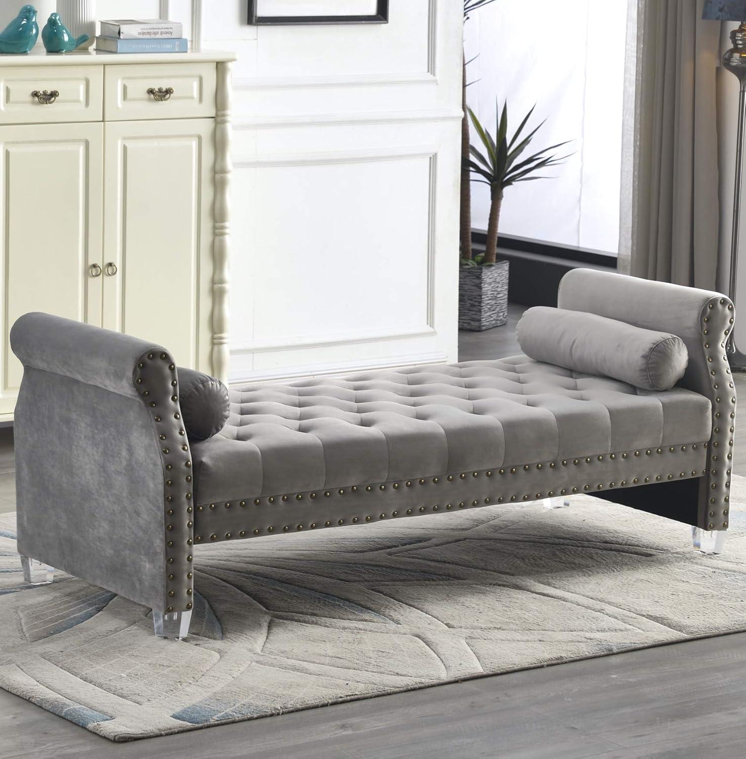 Stefania 71-inch Rolled Arm Oversized Velvet Tufted Upholstered Bench Standard Benches Grey Velvet, Acrylic Mid-Century Modern