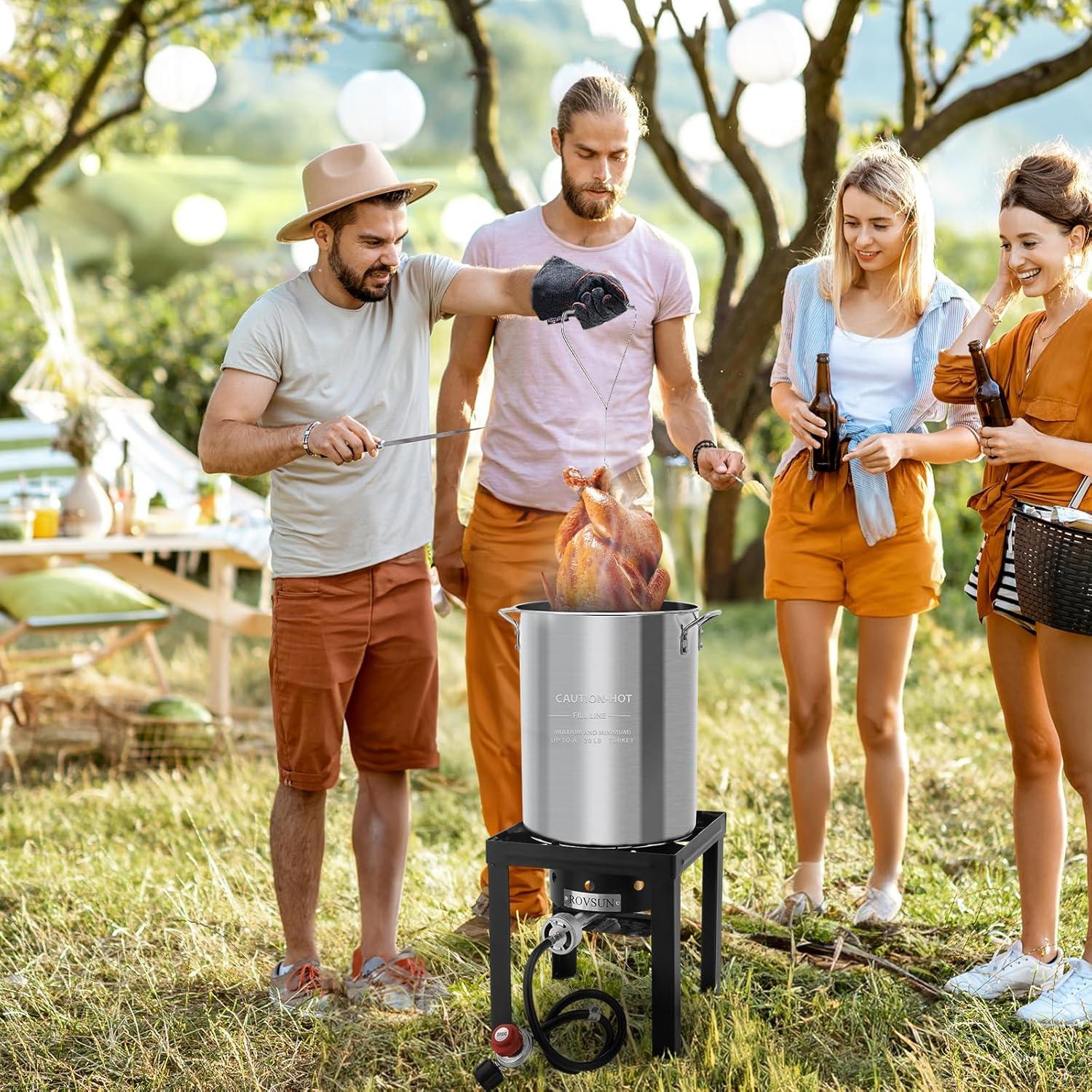 ROVSUN 30QT Turkey Fryer & 10QT Fish Fryer with 55000BTU Propane Burner, Outdoor Deep Fryer & Seafood Crawfish Boiler Steamer Pot with Thermometer, Marinade Injector, Turkey Rack & Rack Lifter
