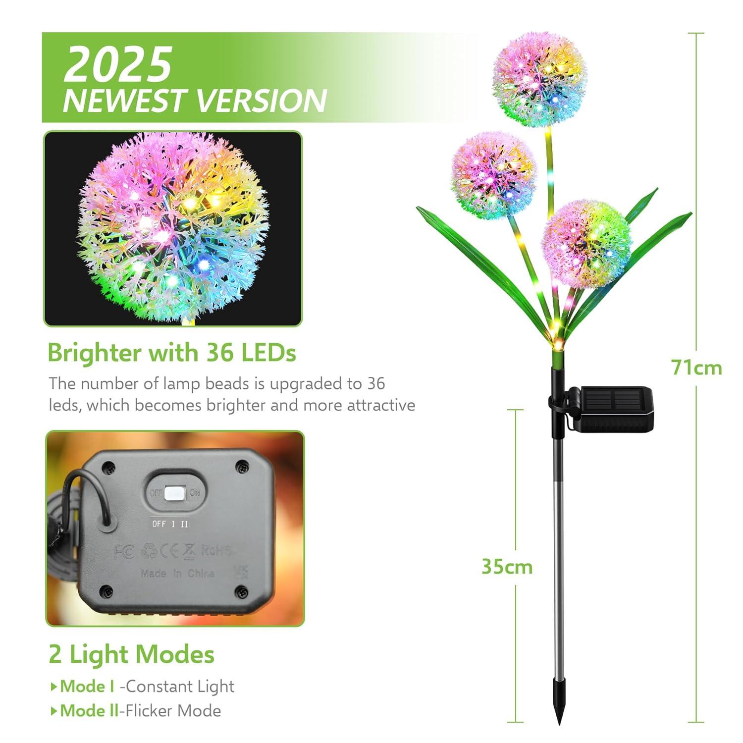 Solar Garden Lights Outdoor, 2 Pack 36 LED Solar Dandelion Lights, Waterproof Colorful Solar Lights for Yard, Lawn, Pathway and Wedding