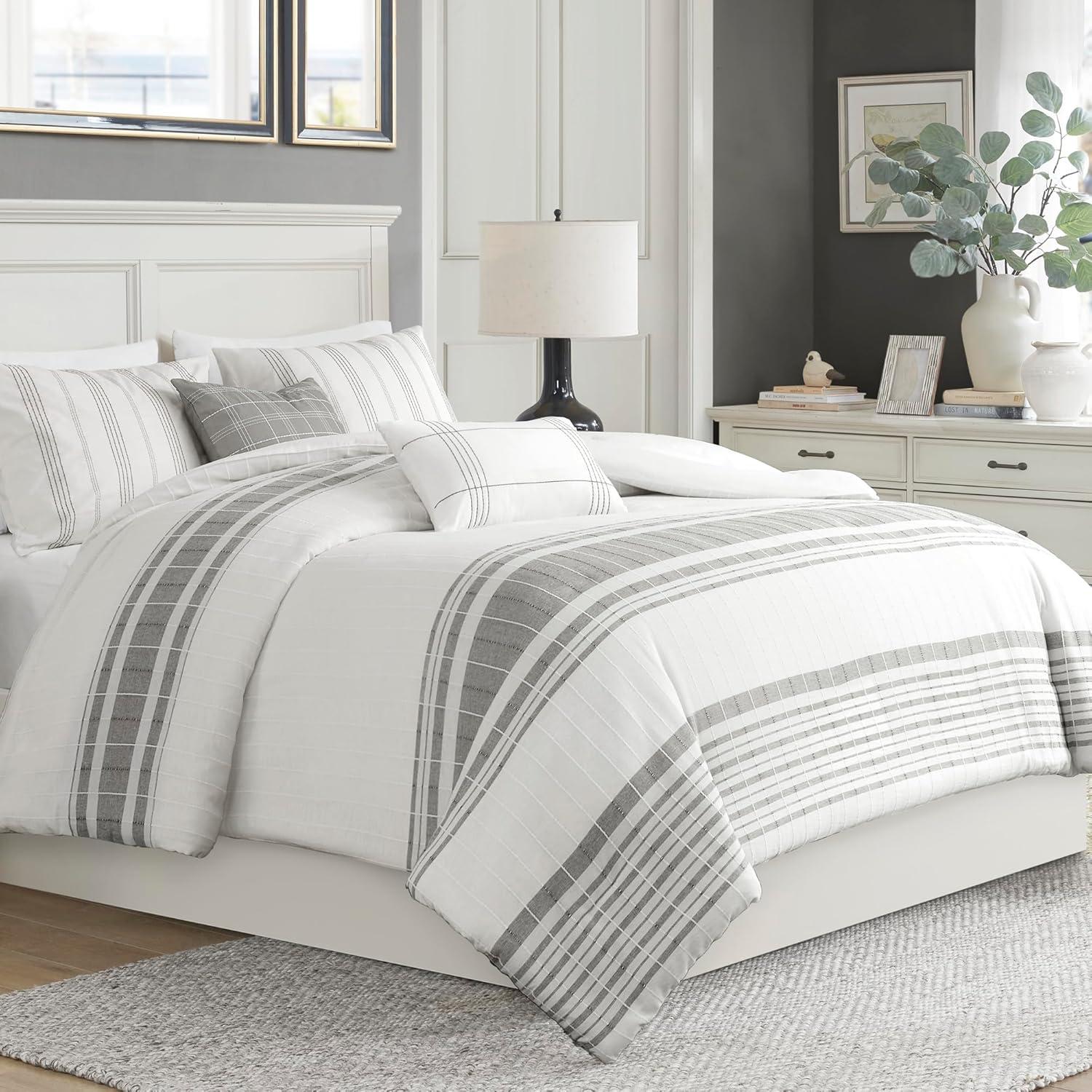 King Size Gray and White Cotton Jacquard Striped Duvet Cover Set