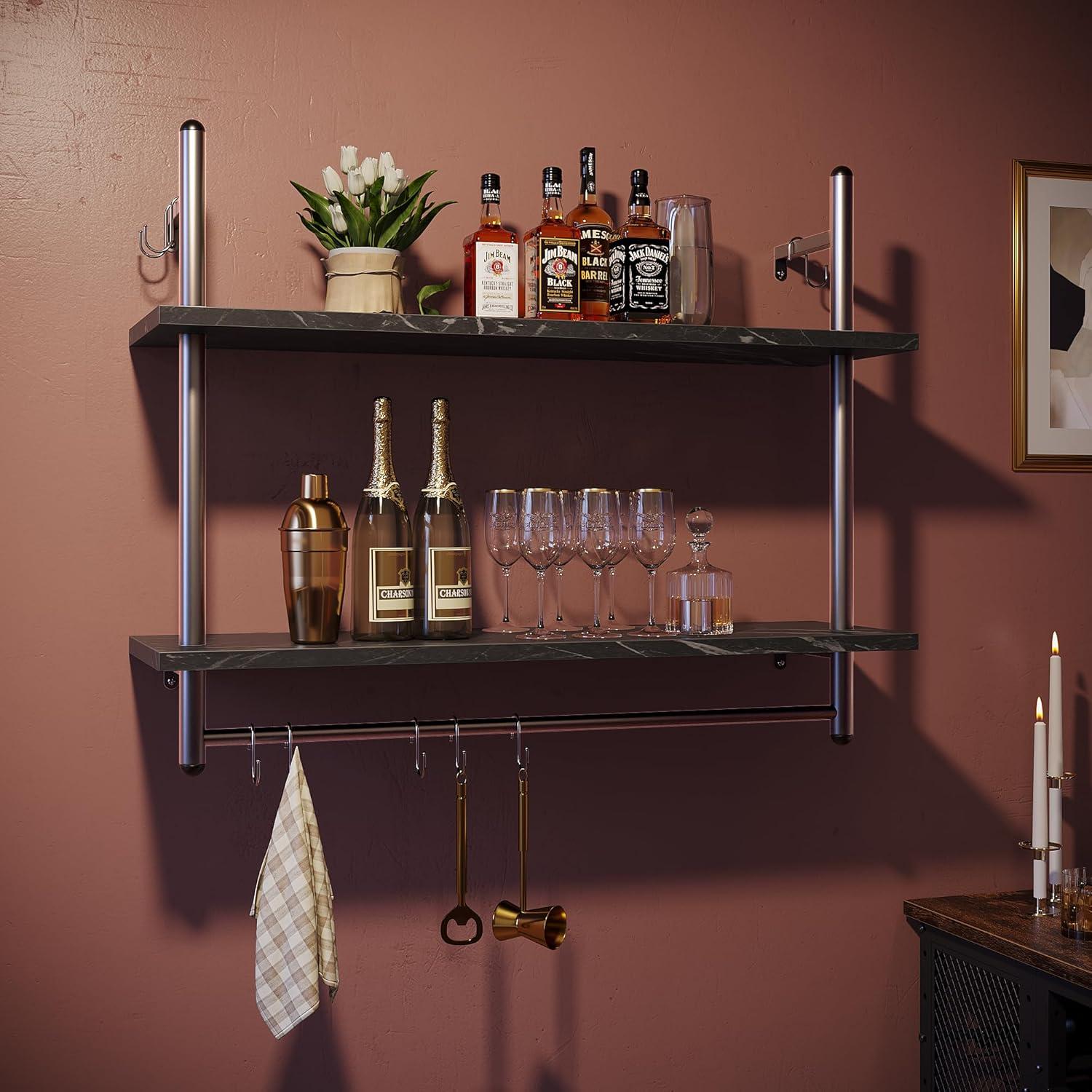 Bestier Industrial Pipe Shelf Bathroom Shelves with Towel Bar, 31 inch Floating Shelves 2 Tier for Wall Storage, Kitchen Wood Wall Mounted Shelf Display Rack for Living Room Bedroom, Black Marble