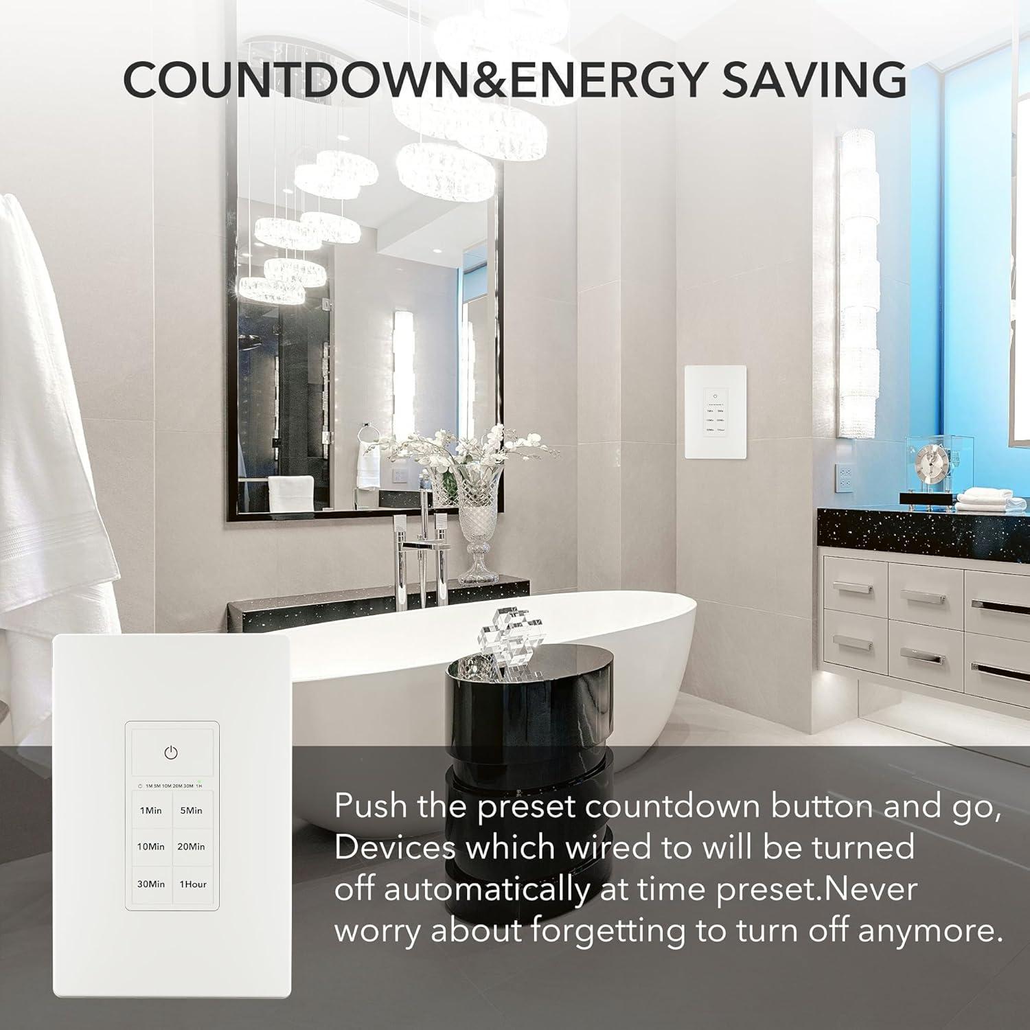 BN-LINK Countdown Timer Switch for Exhaust Fan, Bathroom Fan Light Switch Timer Indoor with Push Button 1-5-10-20-30-60mins, Neutral Wire Required, Free Wall Plate, White