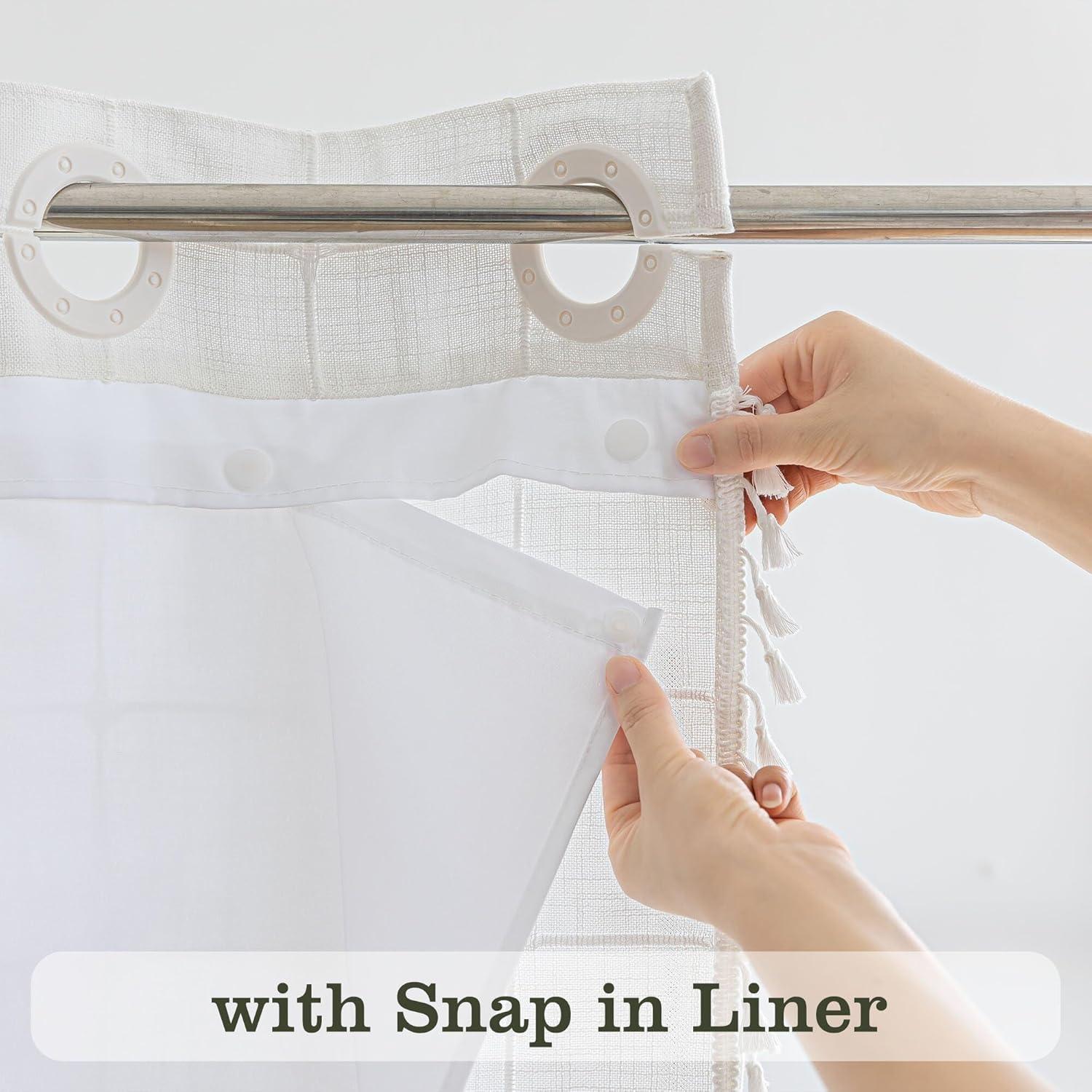 Hokku Designs Farmhouse Shower Curtain With Snap-In Liner,No Hooks Needed,Boho Fabric Shower Curtains With Tassels For Rustic Neutral Bathroom Decor,With Magnets,Water Repellent&Machine Washable,White,71X74inch