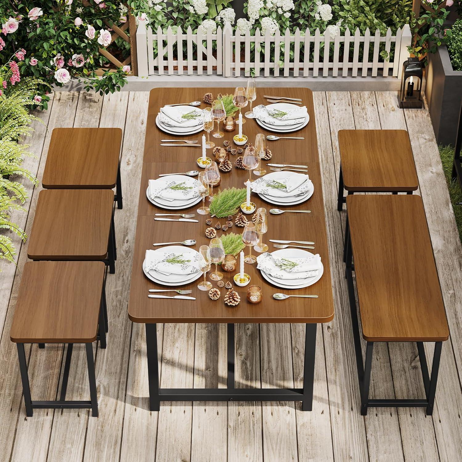 Walnut Extendable Dining Table Set with Bench and 4 Stools