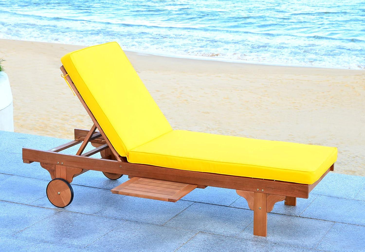 Natural Yellow Eucalyptus Wood Armless Chaise Lounger with Cushions