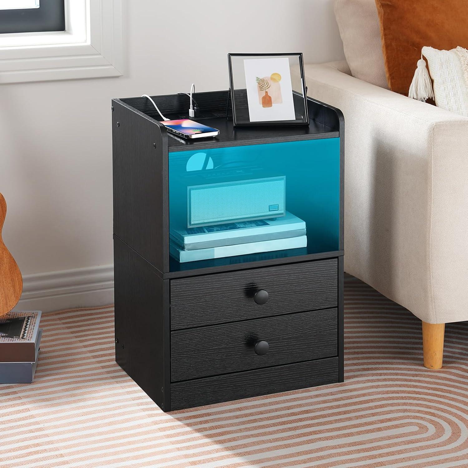 Black Modern Nightstand with LED Lights and Charging Station