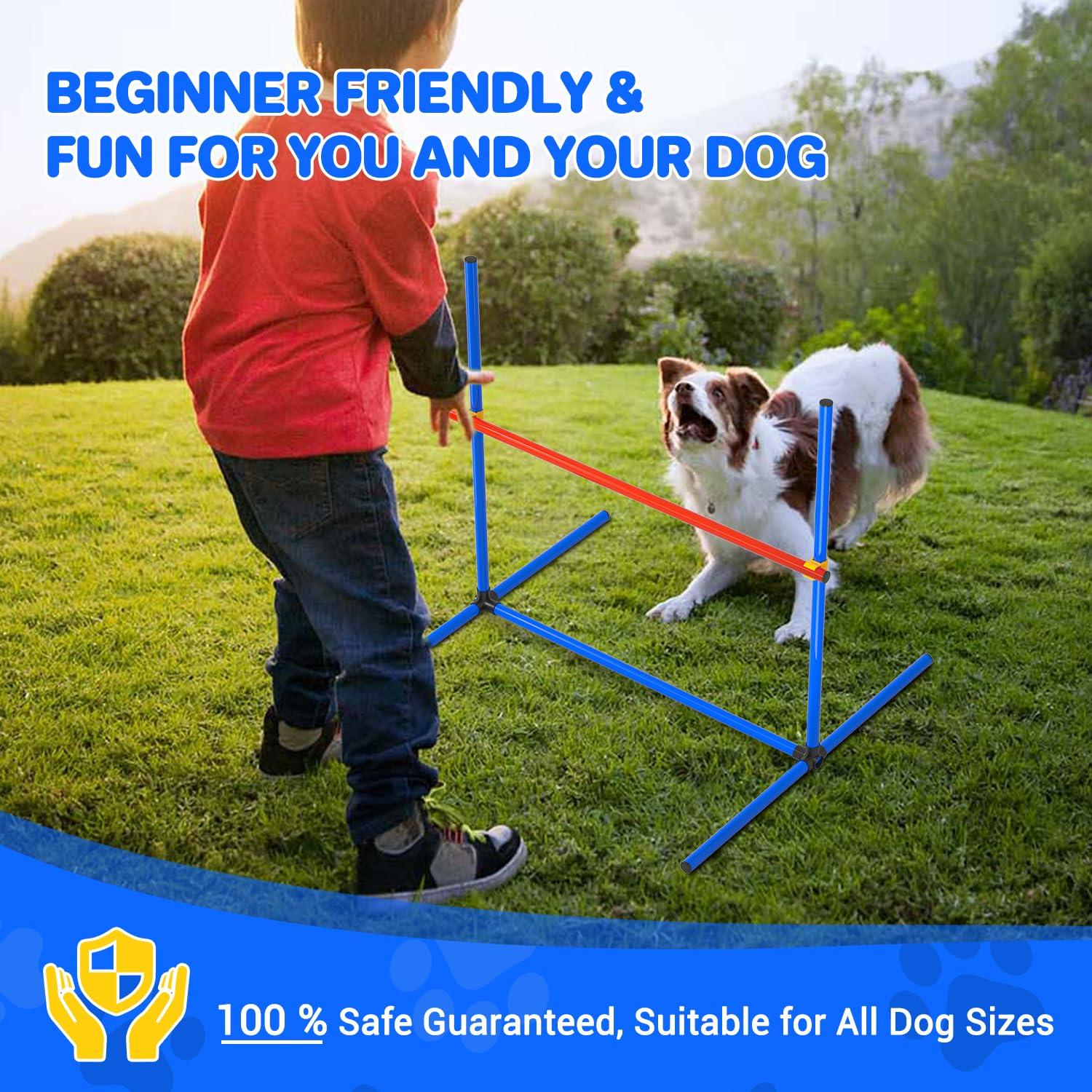 IKARE 4 Piece Dog Agility Training Equipment Pet Obstacle Course Training Starter Kit for Outdoor/Indoor with Adjustable Jumping Hurdles, Weave Poles, Pause Box