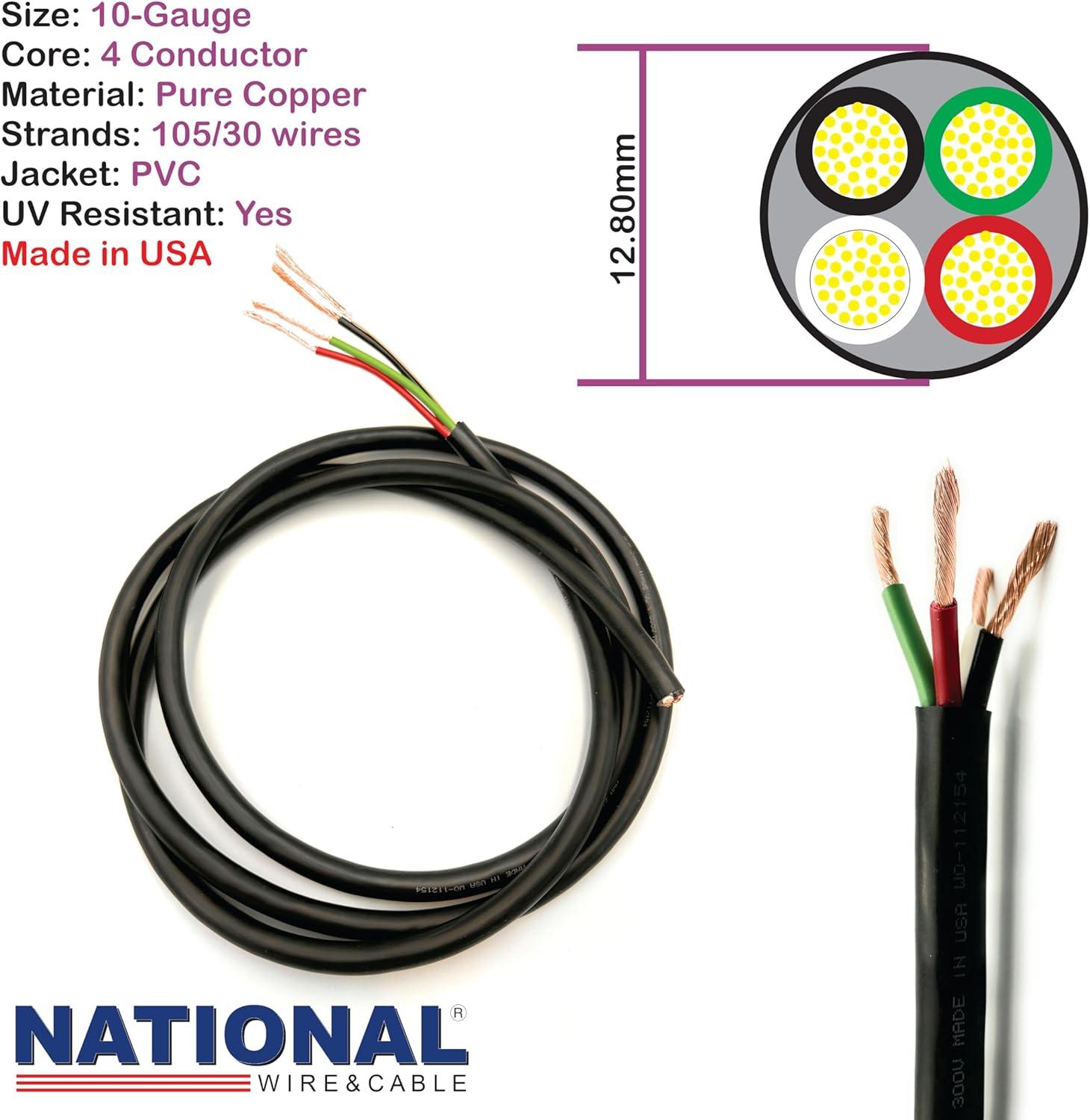 NATIONAL Wire&Cable - Premium Electrical Wire - 10 Gauge 4 Conductors - 100Ft - Made in USA