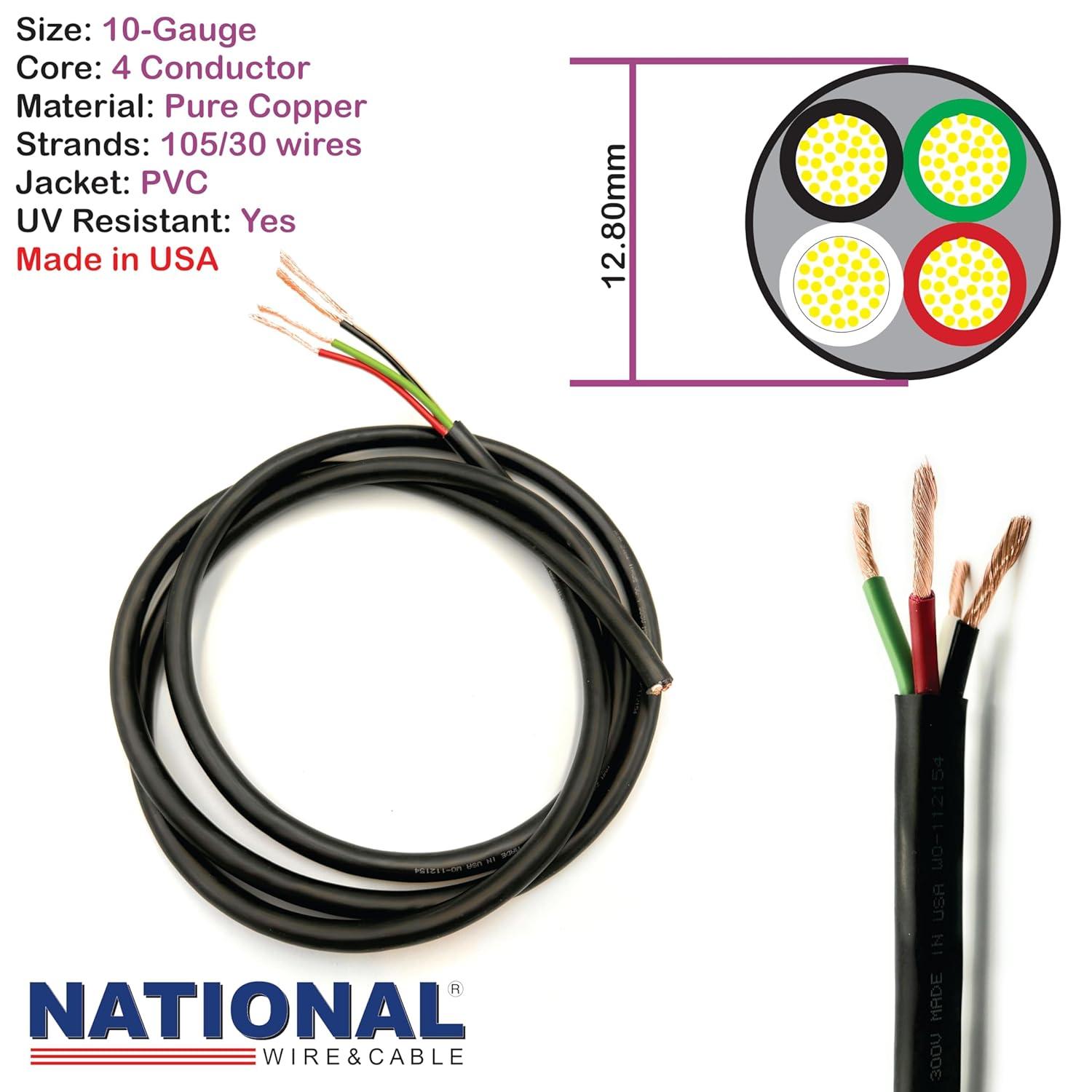 NATIONAL Wire&Cable - Premium Electrical Wire - 10 Gauge 4 Conductors - 100Ft - Made in USA