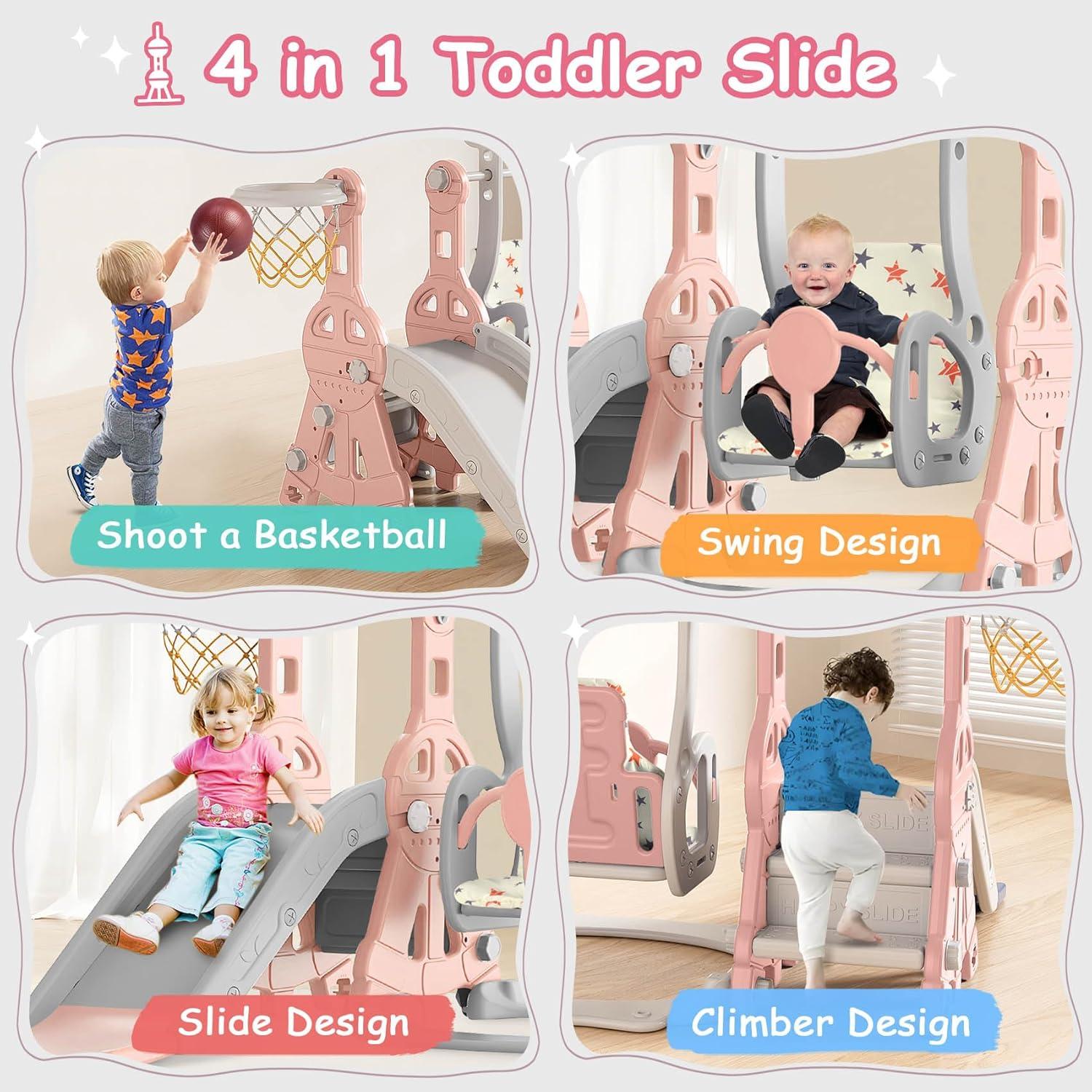 Pink and Gray 4-in-1 Toddler Slide and Swing Set