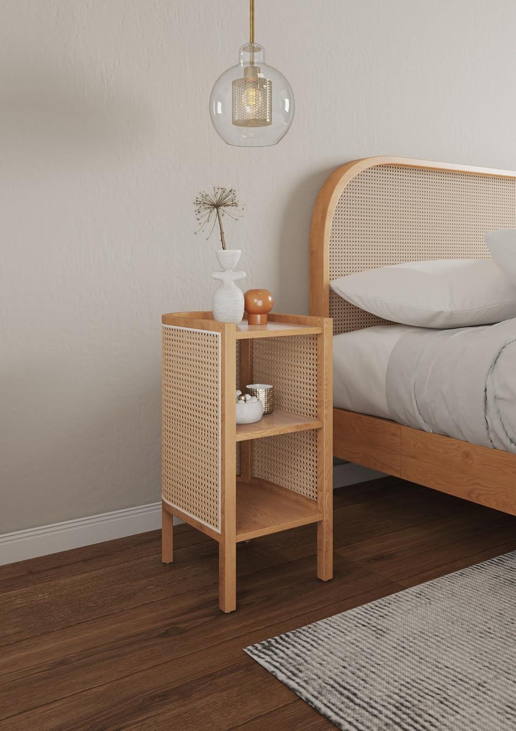 Set of 2 Versailles End Tables Natural - Manhattan Comfort: Boho Ash Wood, Half Moon, Fixed Shelves